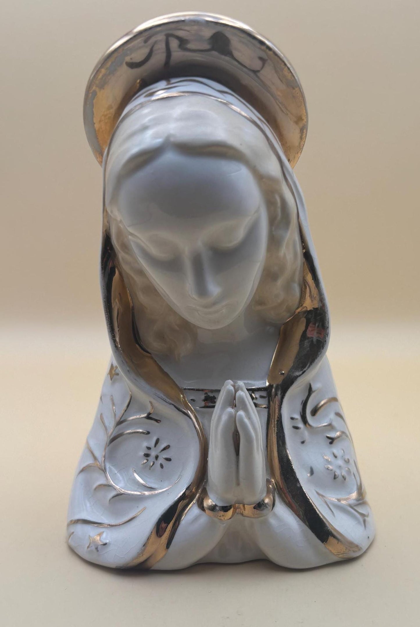 Vintage Praying Madonna Statue with Gold Gilding Figurine Hand Painted Porcelain Virgin Mary Figure Lover Antiques and Vintage