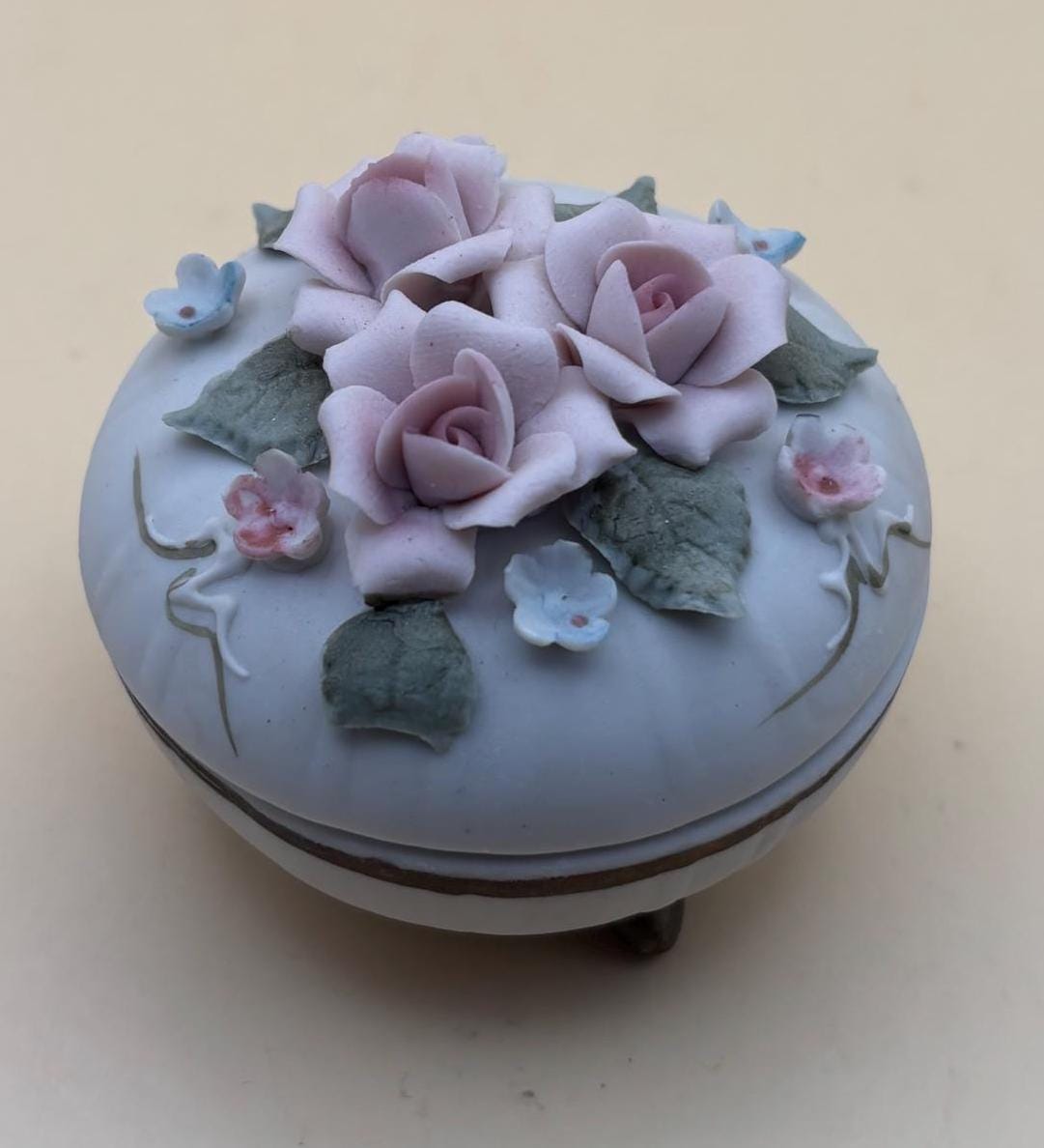 Vintage Lefton Roses and Flowers Hand Painted Porcelain Trinket Box Capodimonte Style Japanese 1268 Lover Antiques and Vintage