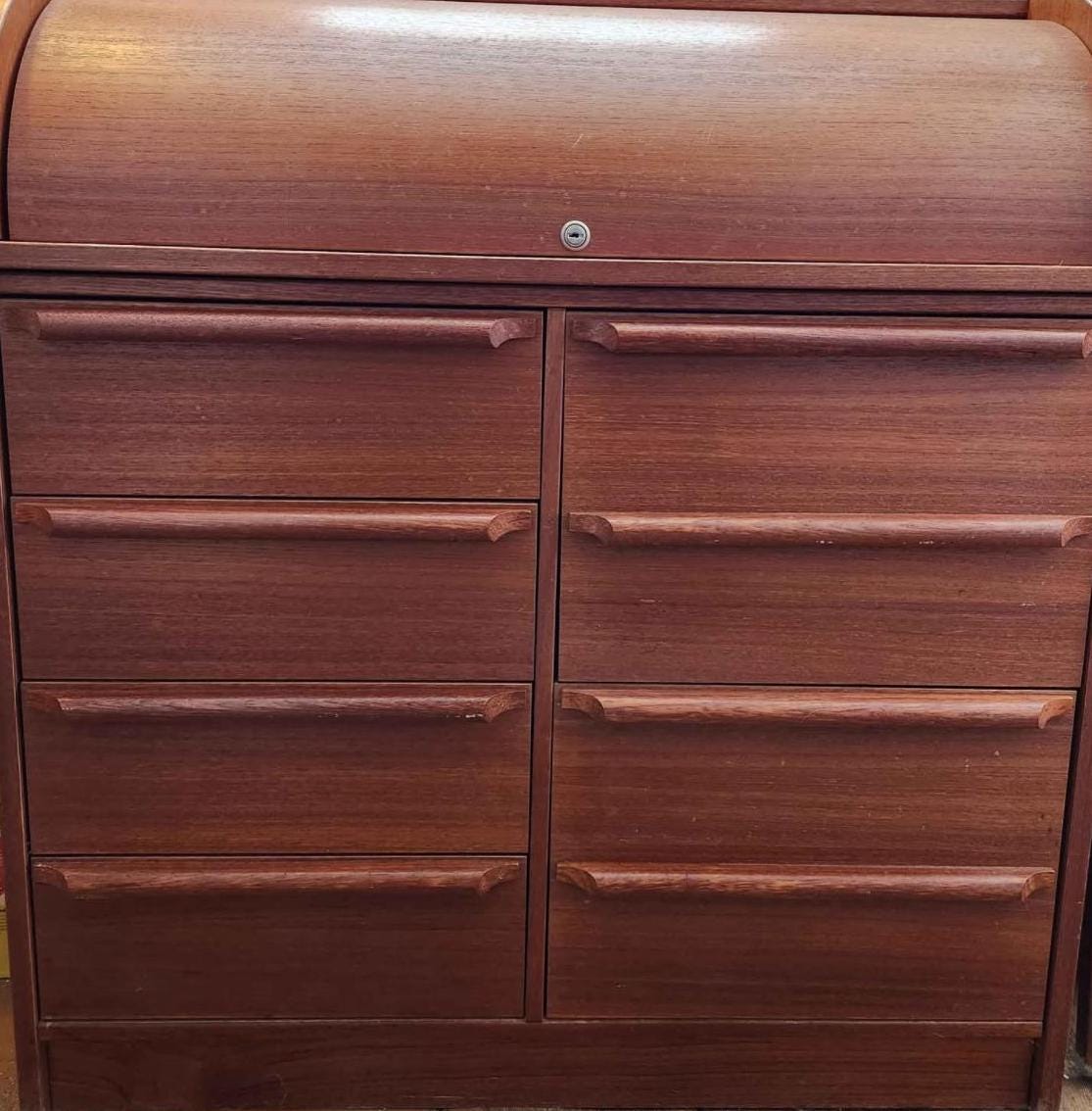 Mid Century Modern Scandinavian Roll Top Secretary with Pull Out Desk Surface and Organization Danish Teak Desk Lover Antiques and Vintage