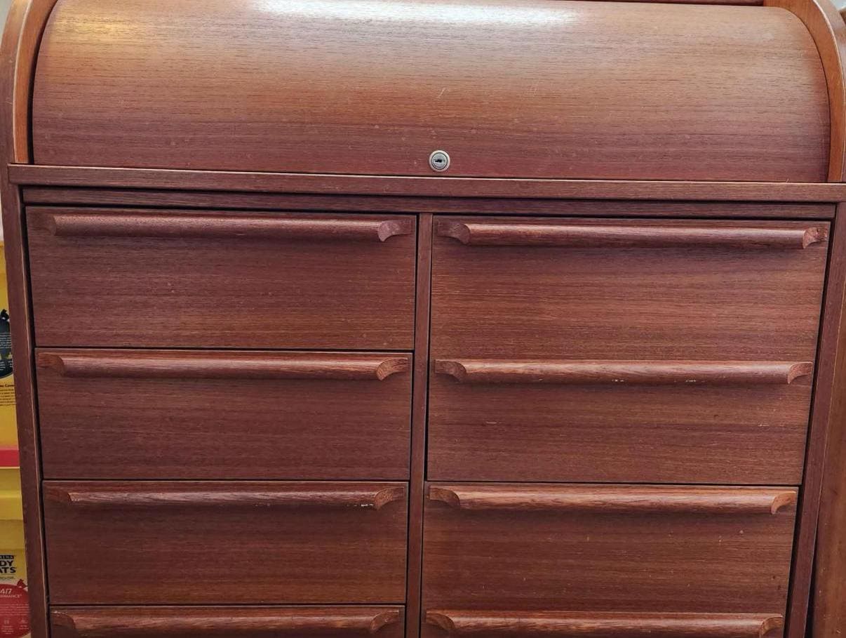 Mid Century Modern Scandinavian Roll Top Secretary with Pull Out Desk Surface and Organization Danish Teak Desk Lover Antiques and Vintage