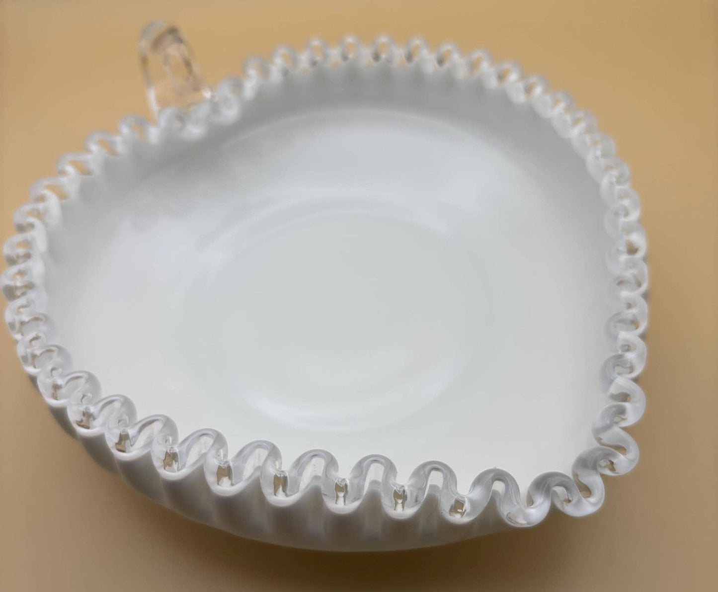 Fenton Milk Glass Hobnail Ruffled Heart Bowl Bonbon Dish with Handle Ruffled Art Glass Lover Antiques and Vintage