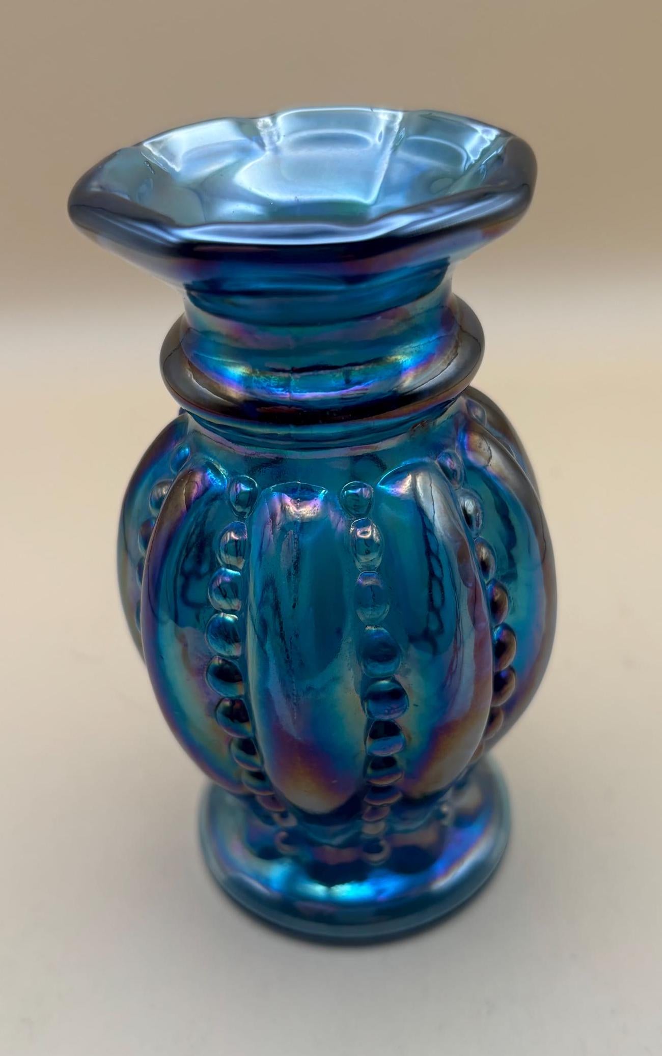 Vintage Fenton Carnival Glass Beaded Melon Mini Vase Iridescent Blue Glass Art Lover Antiques and Vintage