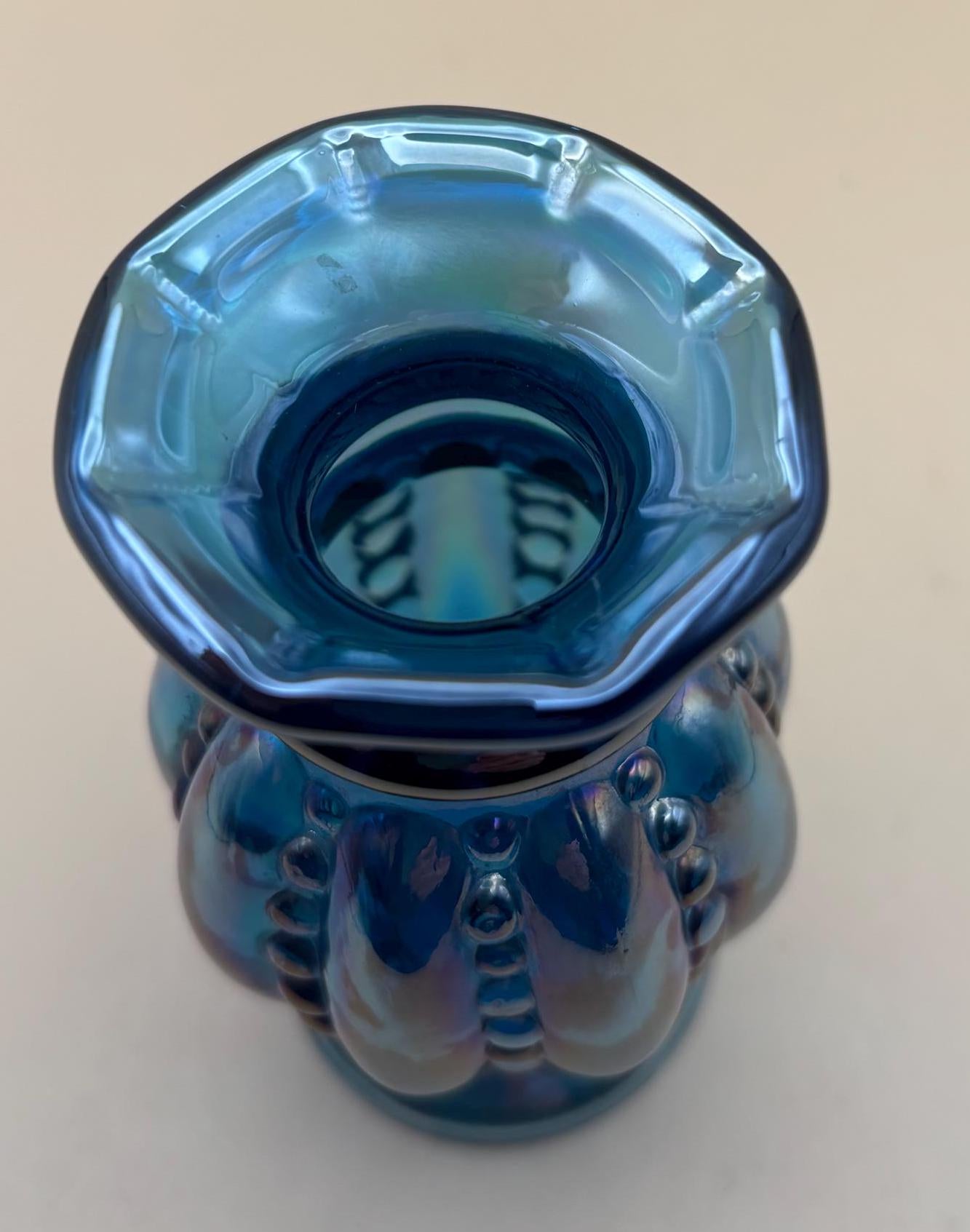 Vintage Fenton Carnival Glass Beaded Melon Mini Vase Iridescent Blue Glass Art Lover Antiques and Vintage