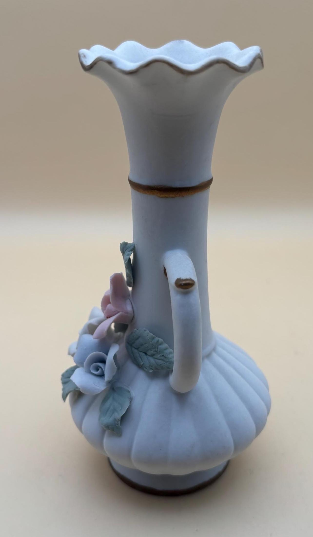 Vintage Lefton 2 Handled Vase Hand Painted Porcelain Capodimonte Style Figurines Japanese Lover Antiques and Vintage