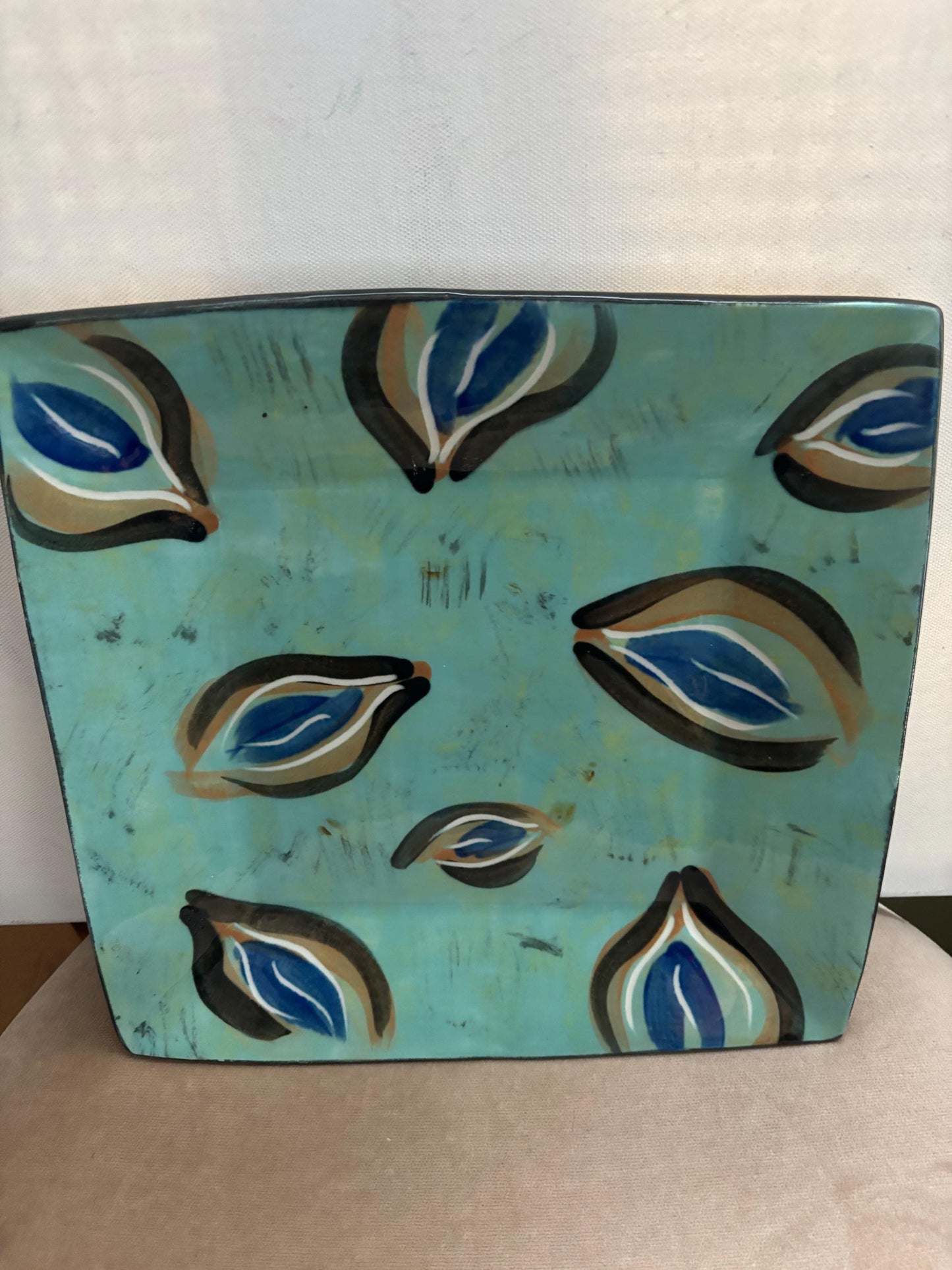 Vintage Green and Blue Square Tray Signed Gail Cohen Ceramic Large Tray Lover Antiques and Vintage