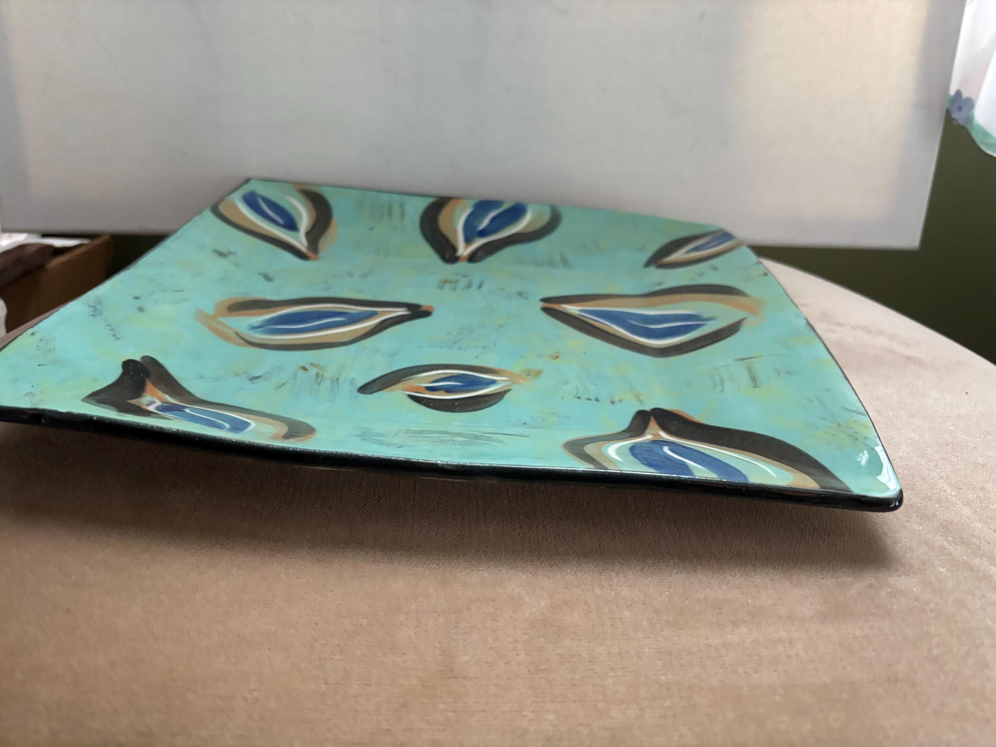 Vintage Green and Blue Square Tray Signed Gail Cohen Ceramic Large Tray Lover Antiques and Vintage