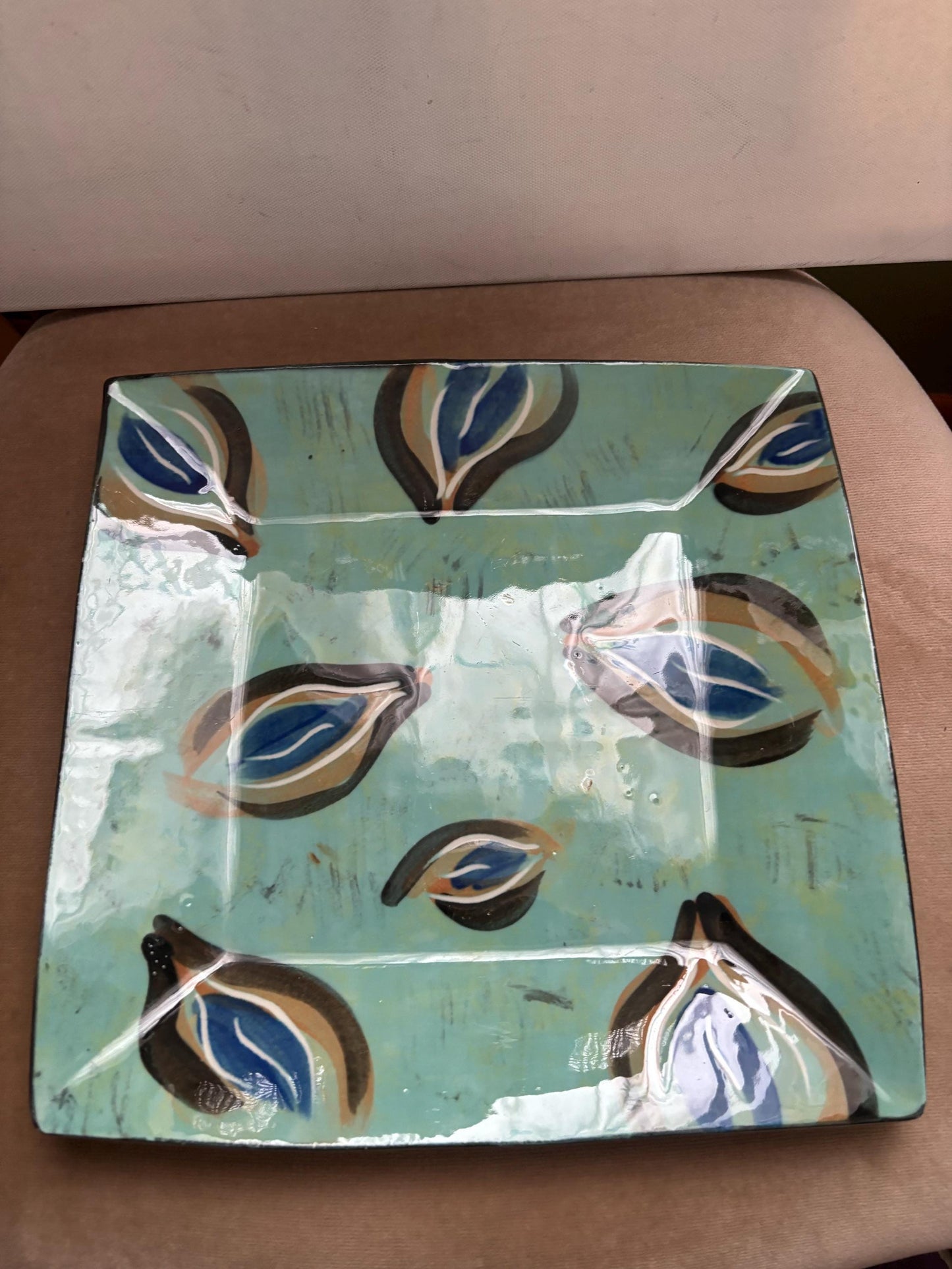 Vintage Green and Blue Square Tray Signed Gail Cohen Ceramic Large Tray Lover Antiques and Vintage