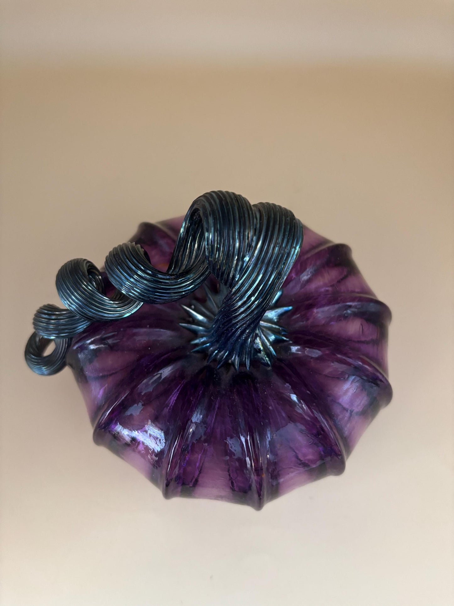 Vintage Purple Glass Pumpkin with Curly Stem Hand Blown Glass Art Lover Antiques and Vintage
