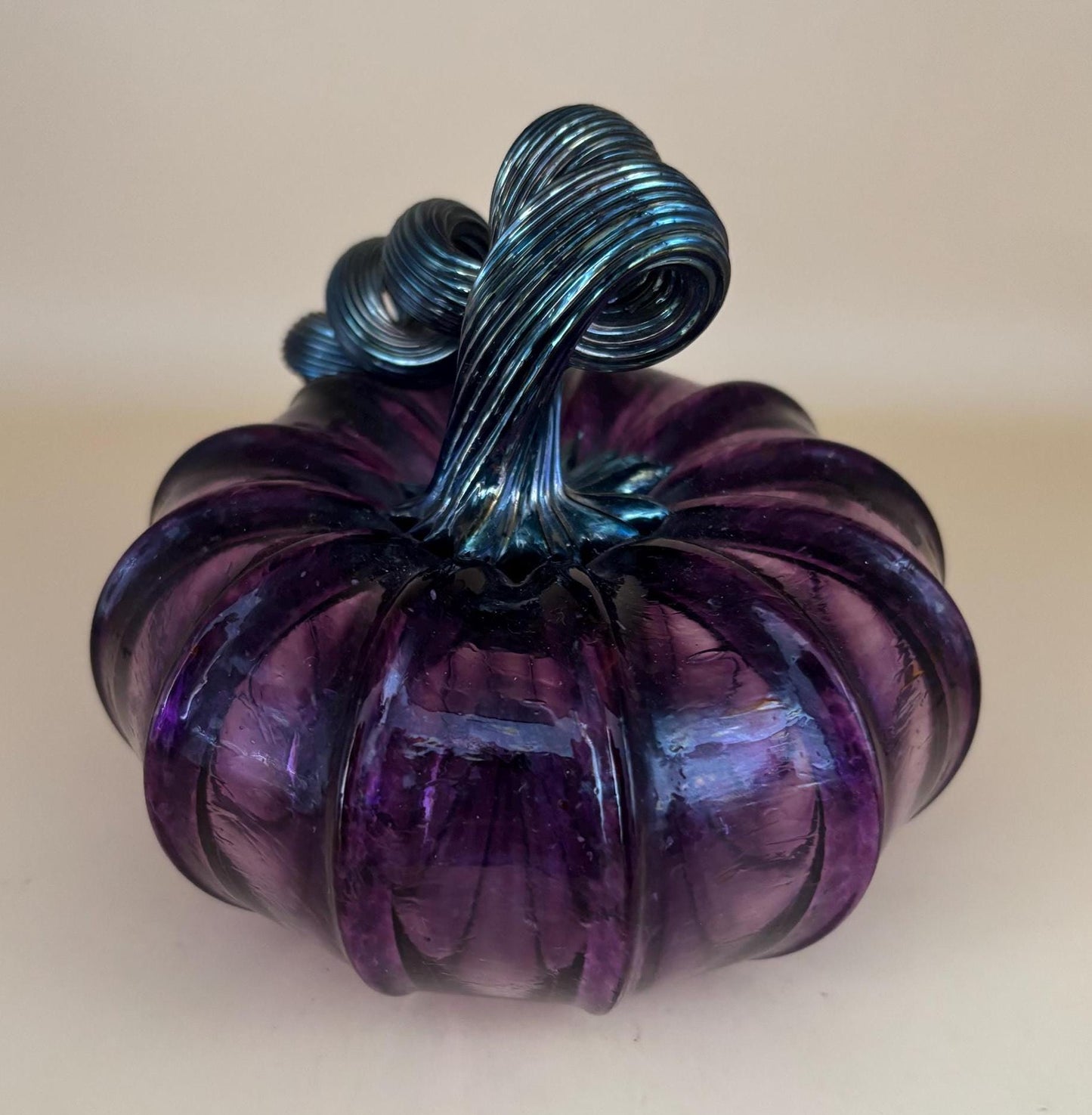 Vintage Purple Glass Pumpkin with Curly Stem Hand Blown Glass Art Lover Antiques and Vintage