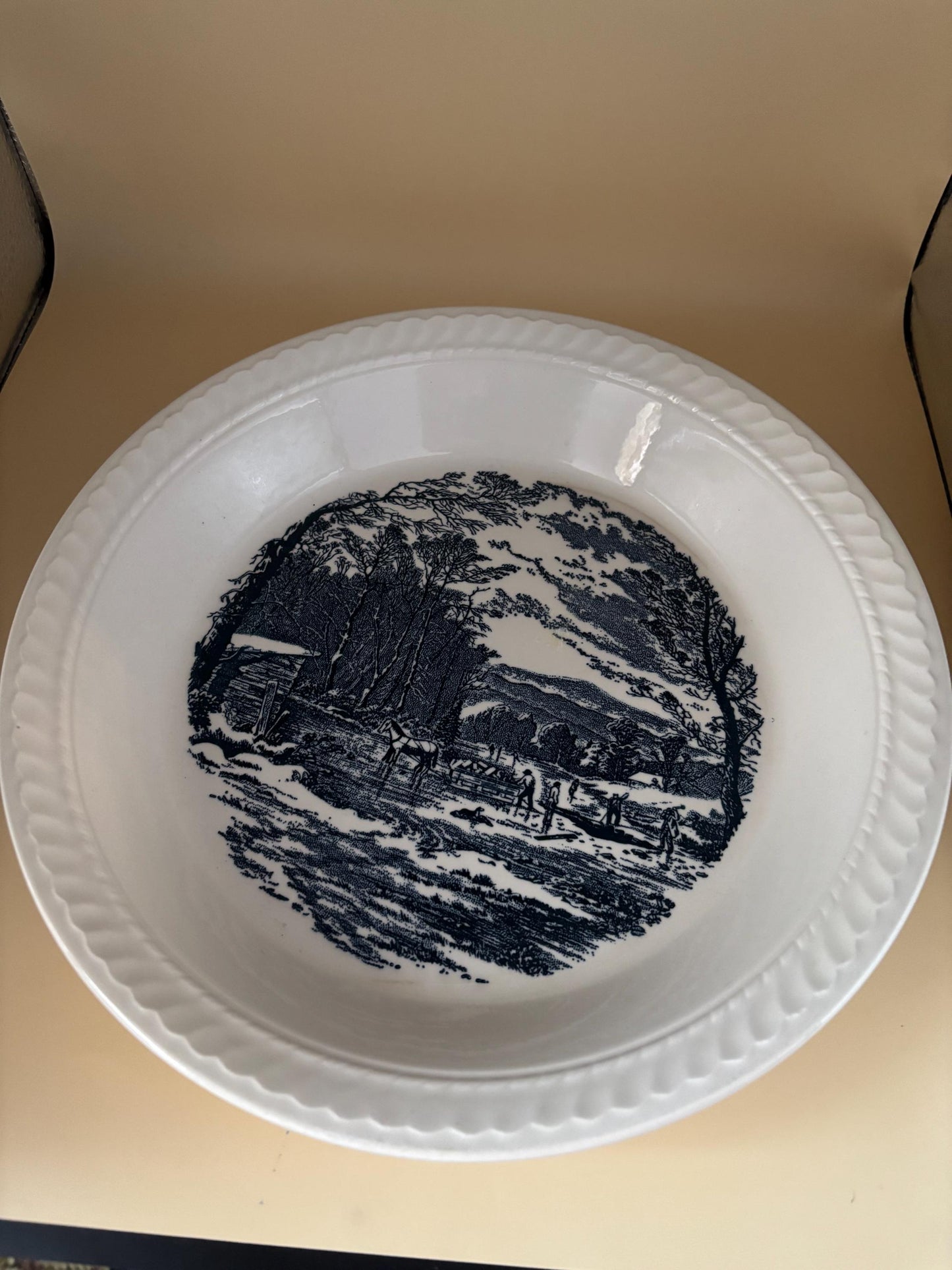 Vintage Royal China Pie Plate Blue & White Outdoor Scene Cutting Wood Horse Plate Lover Antiques and Vintage