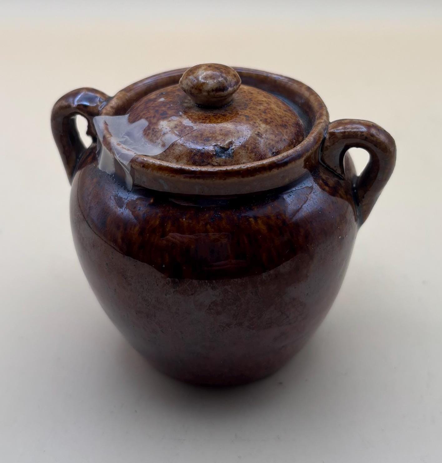 Antique Bennington Rockingham Stoneware Miniature Bean Pot Clay Pot with Lid Lover Antiques and Vintage