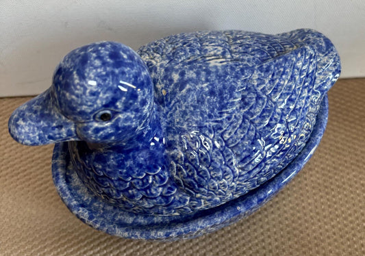 Vintage Spongeware Blue Ceramic Duck on Nest Duck Nesting on Basket Dish Lover Antiques and Vintage