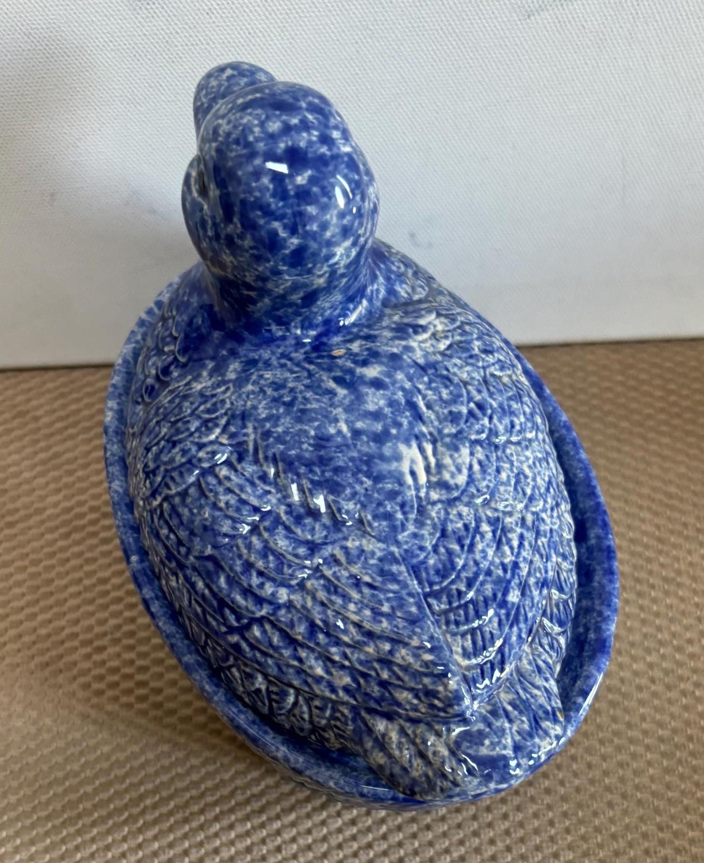 Vintage Spongeware Blue Ceramic Duck on Nest Duck Nesting on Basket Dish Lover Antiques and Vintage