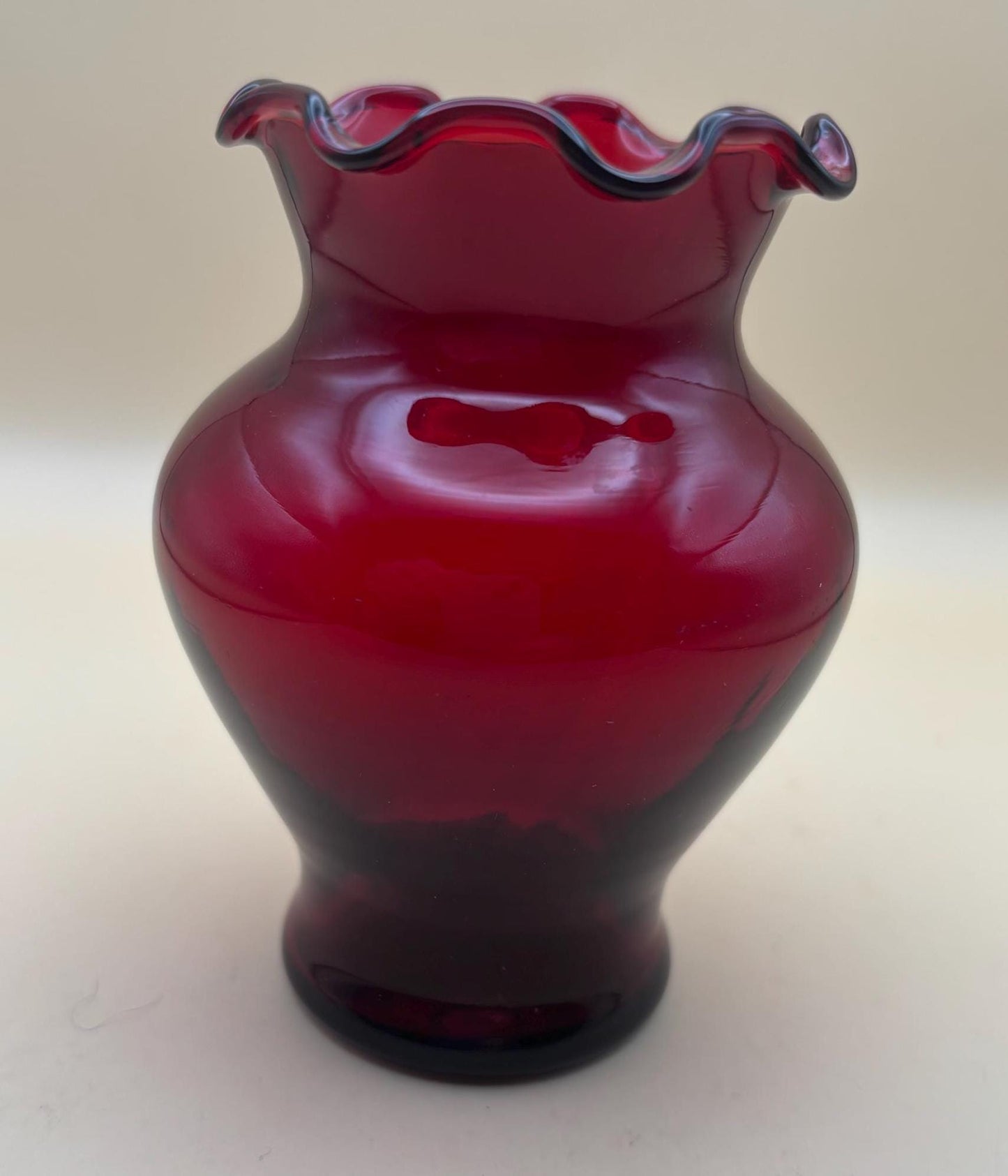 Vintage Ruby Red Ruffled Glass Vase With Curvy and Fluted Top Lover Antiques and Vintage