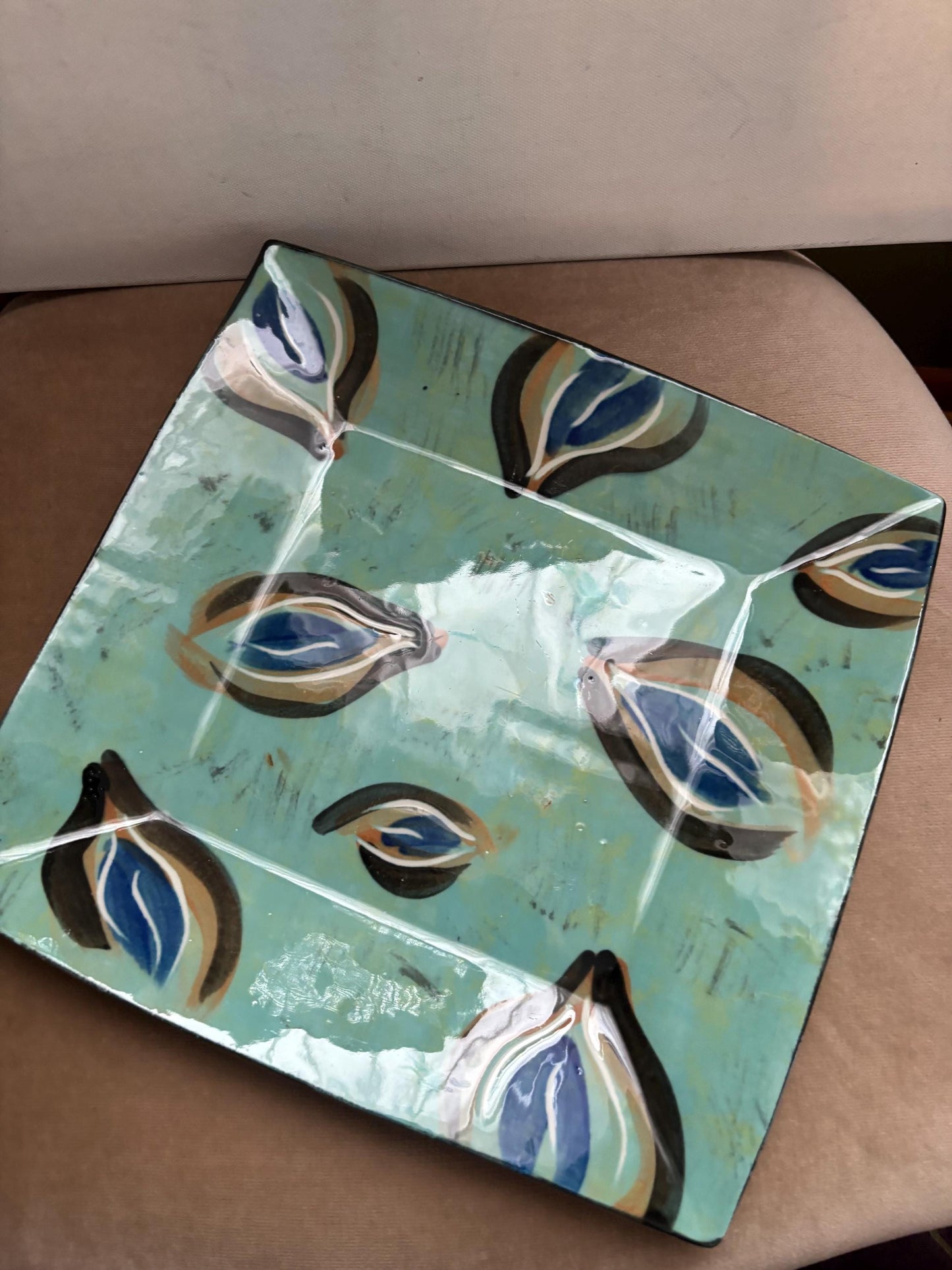 Vintage Green and Blue Square Tray Signed Gail Cohen Ceramic Large Tray Lover Antiques and Vintage