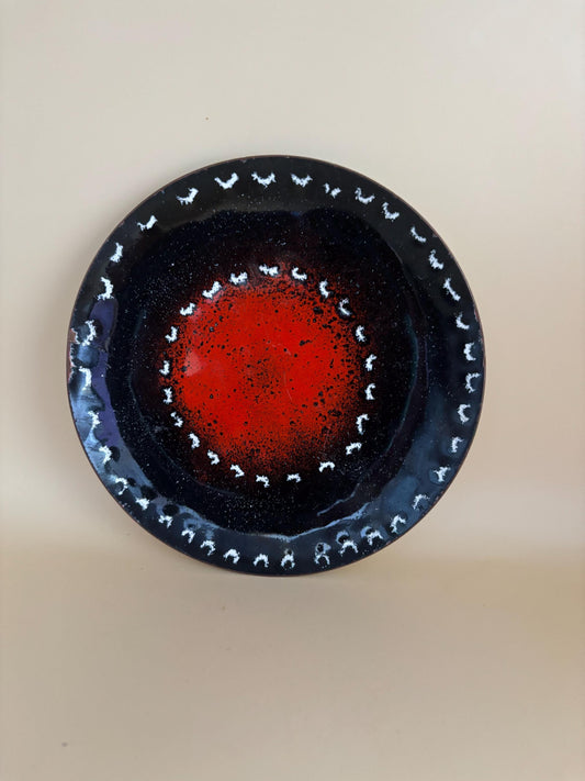 Vintage Black Brown Orange White Enamel Over Copper Dish Bovano Style Art Decorative Wall Art Hanging Lover Antiques and Vintage