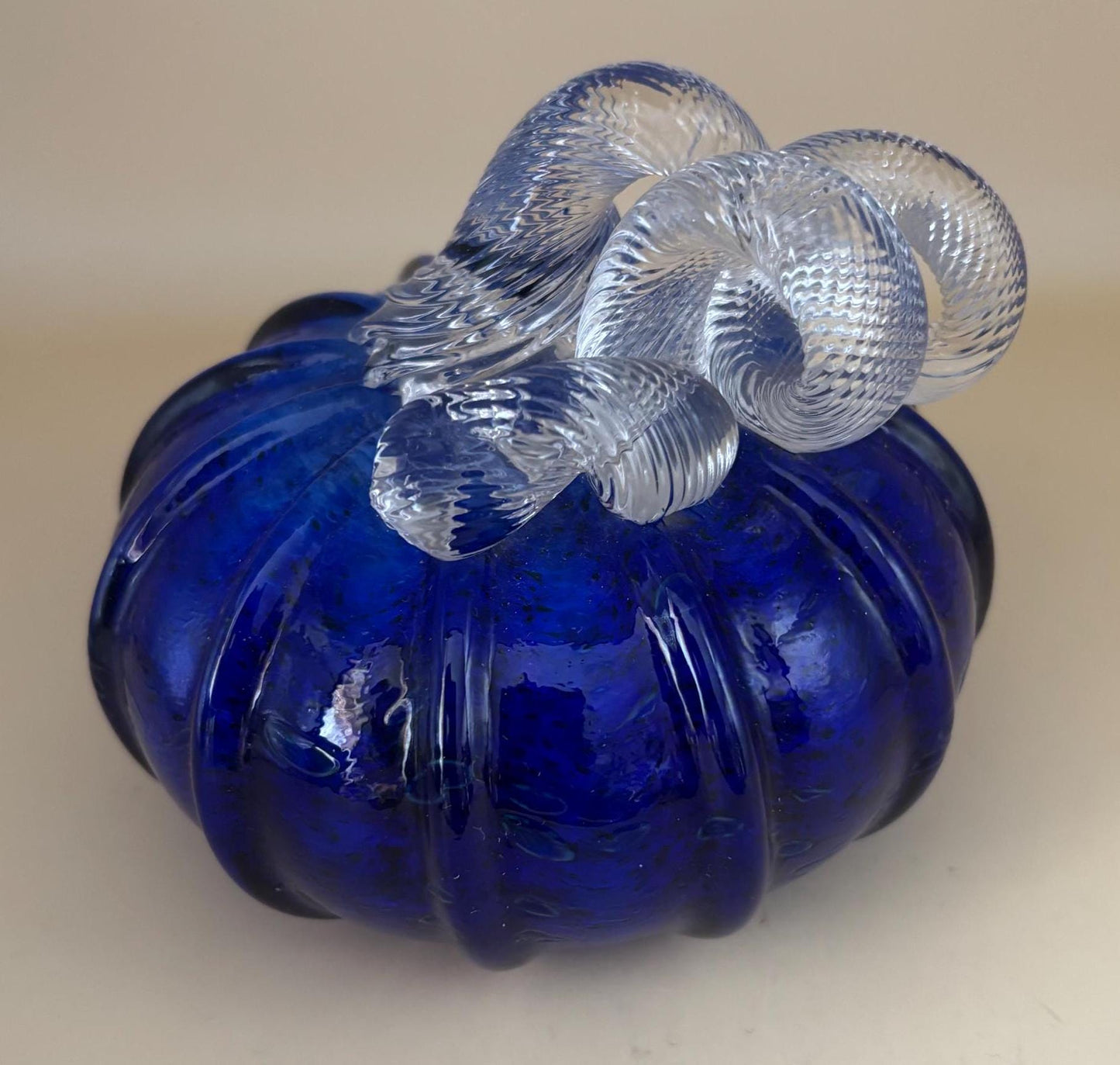 Vintage Cobalt Blue Glass Pumpkin with Curly Stem Hand Blown Glass Art Lover Antiques and Vintage