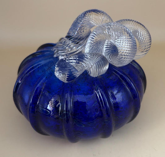 Vintage Cobalt Blue Glass Pumpkin with Curly Stem Hand Blown Glass Art Lover Antiques and Vintage
