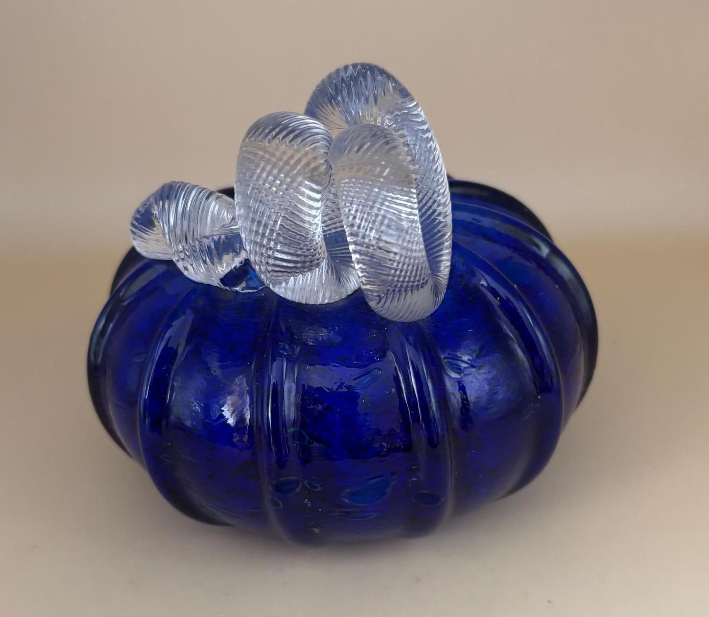 Vintage Cobalt Blue Glass Pumpkin with Curly Stem Hand Blown Glass Art Lover Antiques and Vintage