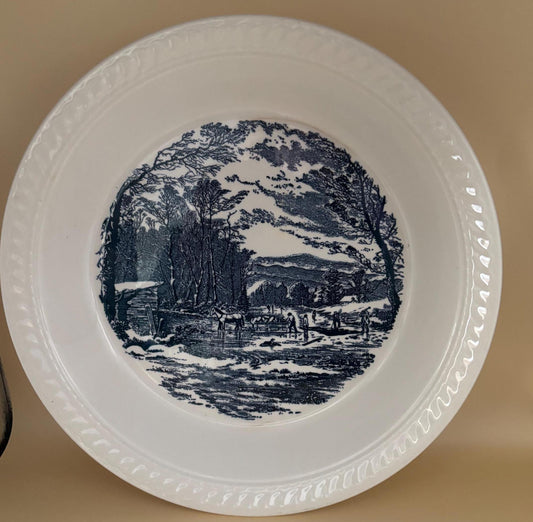 Vintage Royal China Pie Plate Blue & White Outdoor Scene Cutting Wood Horse Plate Lover Antiques and Vintage