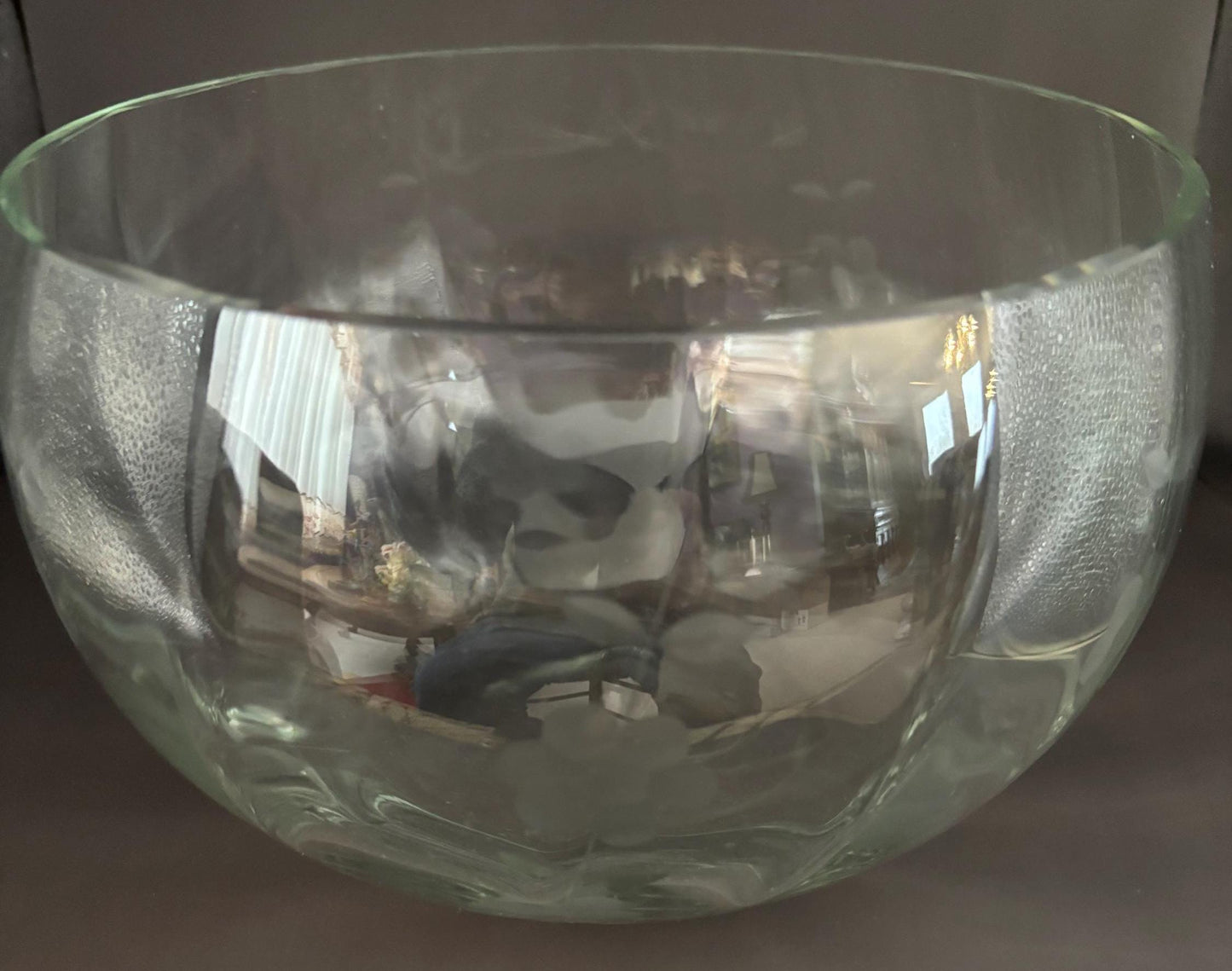 Vintage Crystal Glass Salad Bowl with Flower Etching Lover Antiques and Vintage