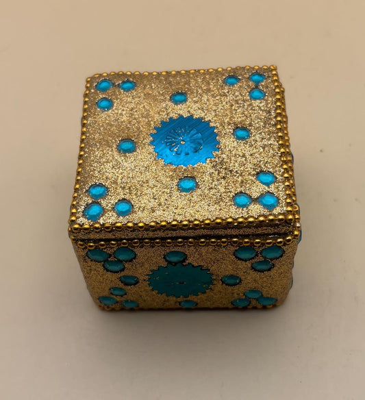 Vintage Trinket Box Gold and Blue Small Decorative Beaded Collectible Container Lover Antiques and Vintage