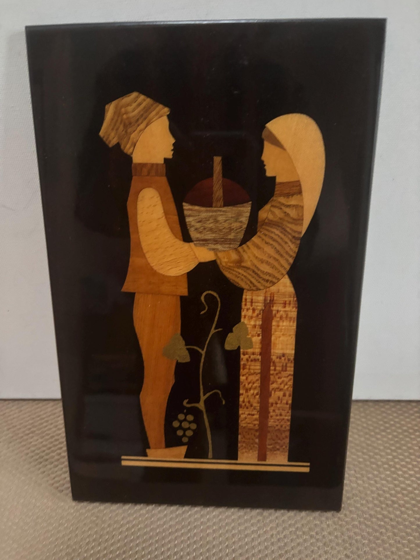 Vintage Marquetry Picture Grape Harvest Artwork Boy and Girl with a Basket Soviet Union Factory No. 2 Artwork Lover Antiques and Vintage