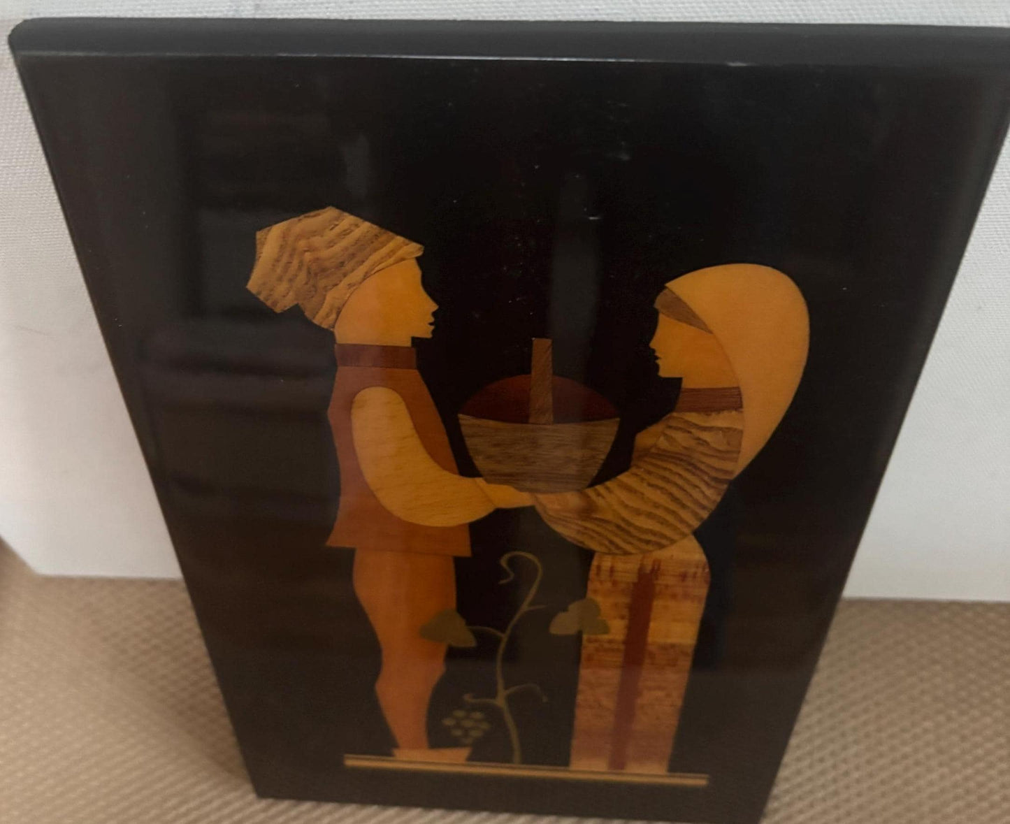 Vintage Marquetry Picture Grape Harvest Artwork Boy and Girl with a Basket Soviet Union Factory No. 2 Artwork Lover Antiques and Vintage