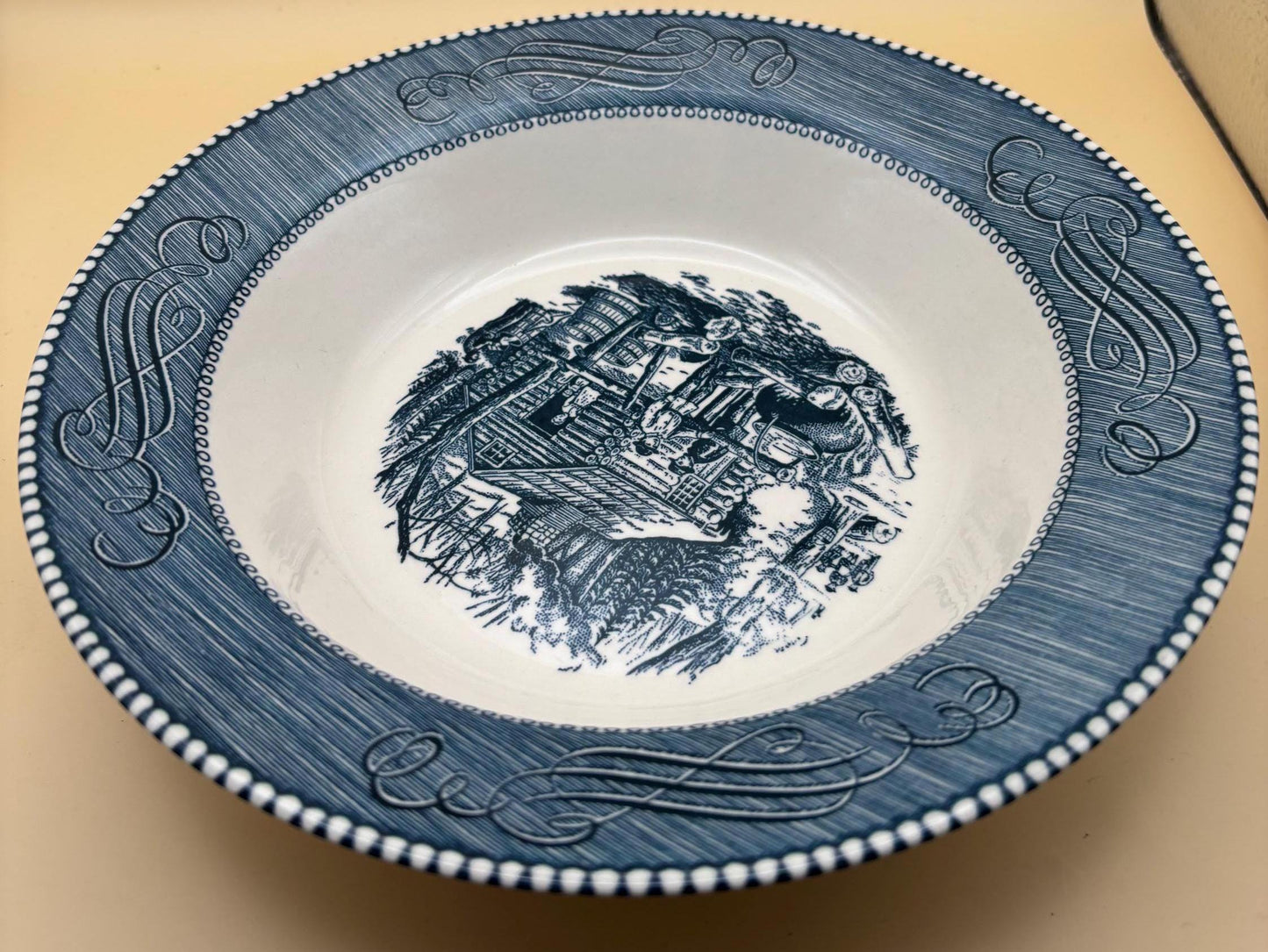 Vintage Currier & Ives by Royal China Bowl Blue White Outdoor Fire Side Near Cabin Scene Lover Antiques and Vintage