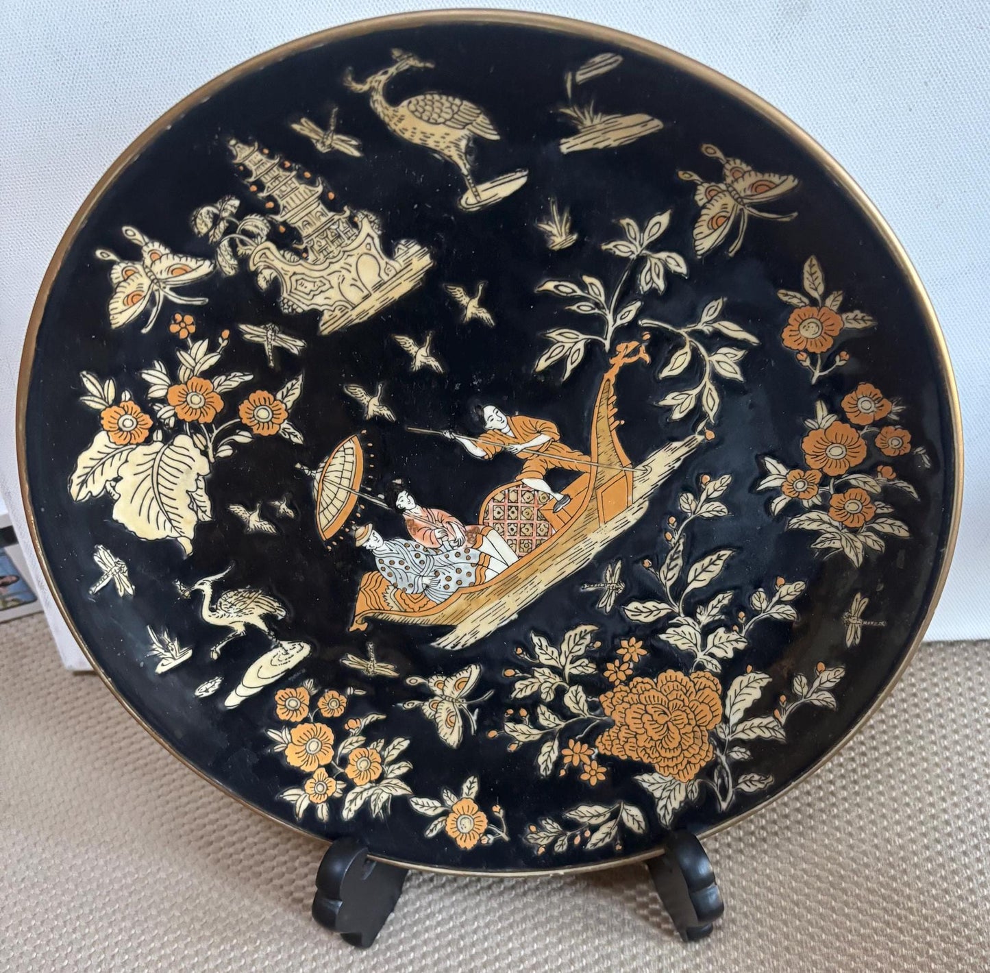 Vintage Sevres Porcelain Plate with Chinoiserie Design Chinese Plate with Stand Black Background with Gold Trim Lover Antiques and Vintage