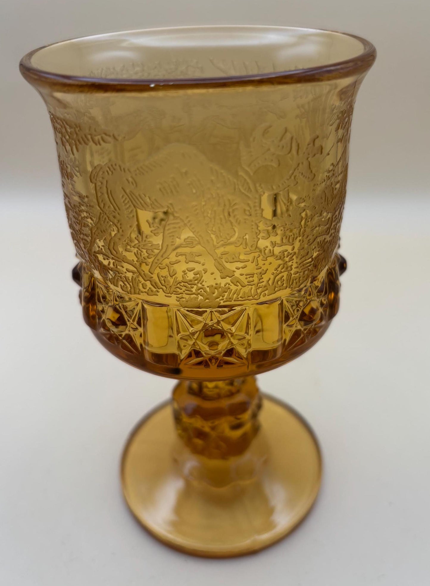 Vintage LG Wright Glass Co Daisy & Cube Amber Goblet Lover Antiques and Vintage