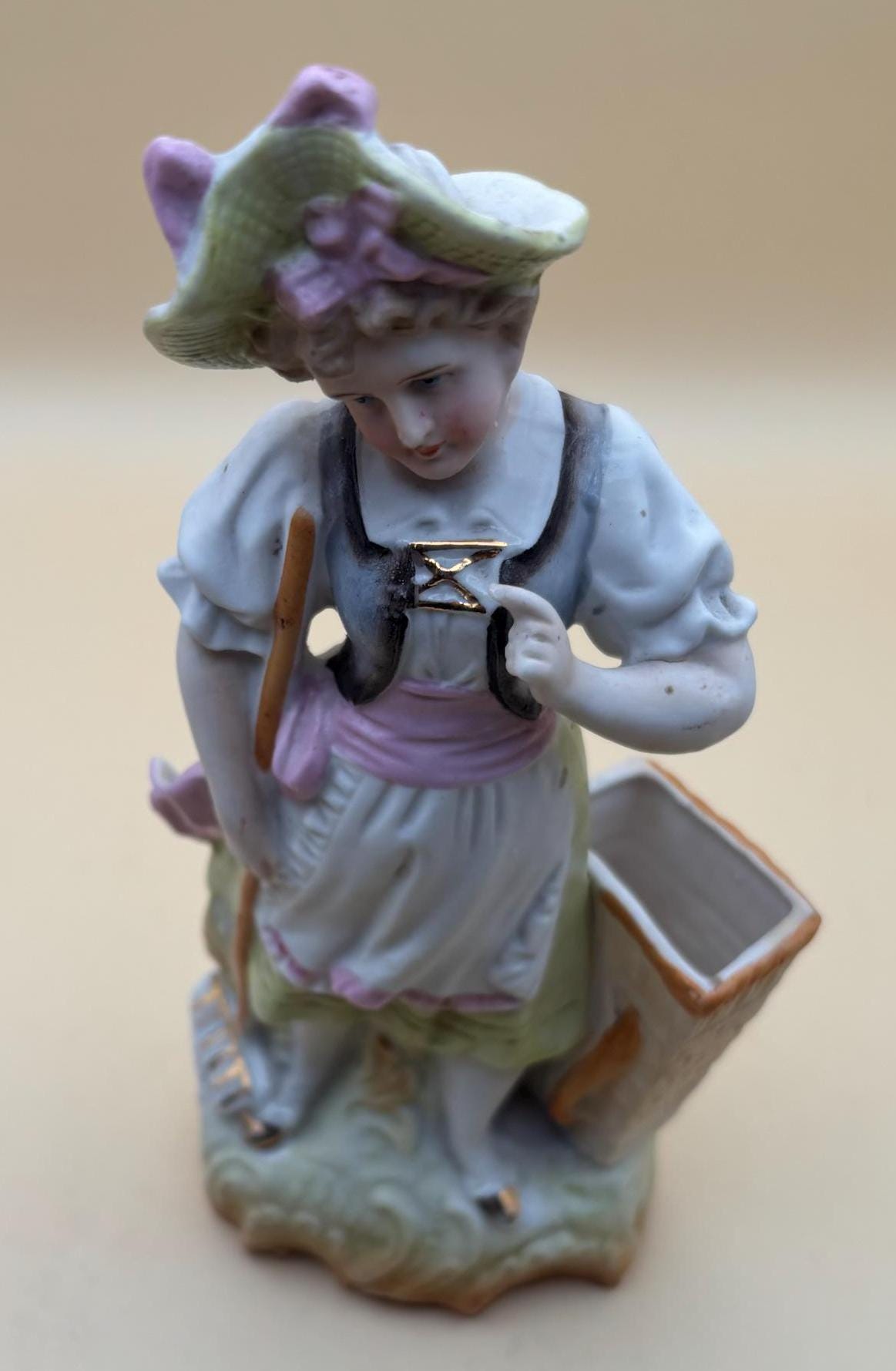 Antique Meissen Porcelain Woman with Broom and Flower Basket Statue Germany Hand Painted Figurine Lover Antiques and Vintage