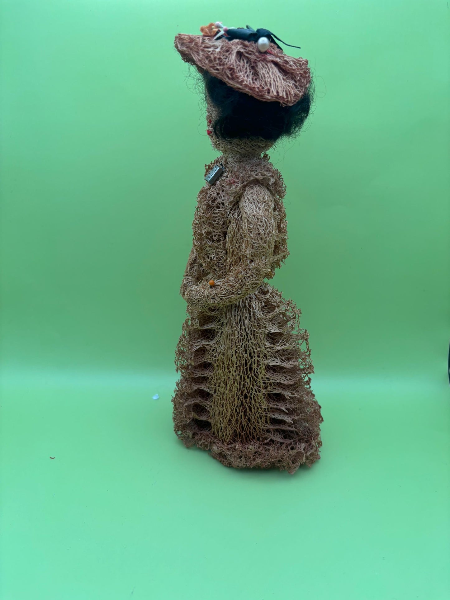 Vintage Folk Art Artist Made Moss Fiber Woman Doll Lover Antiques and Vintage