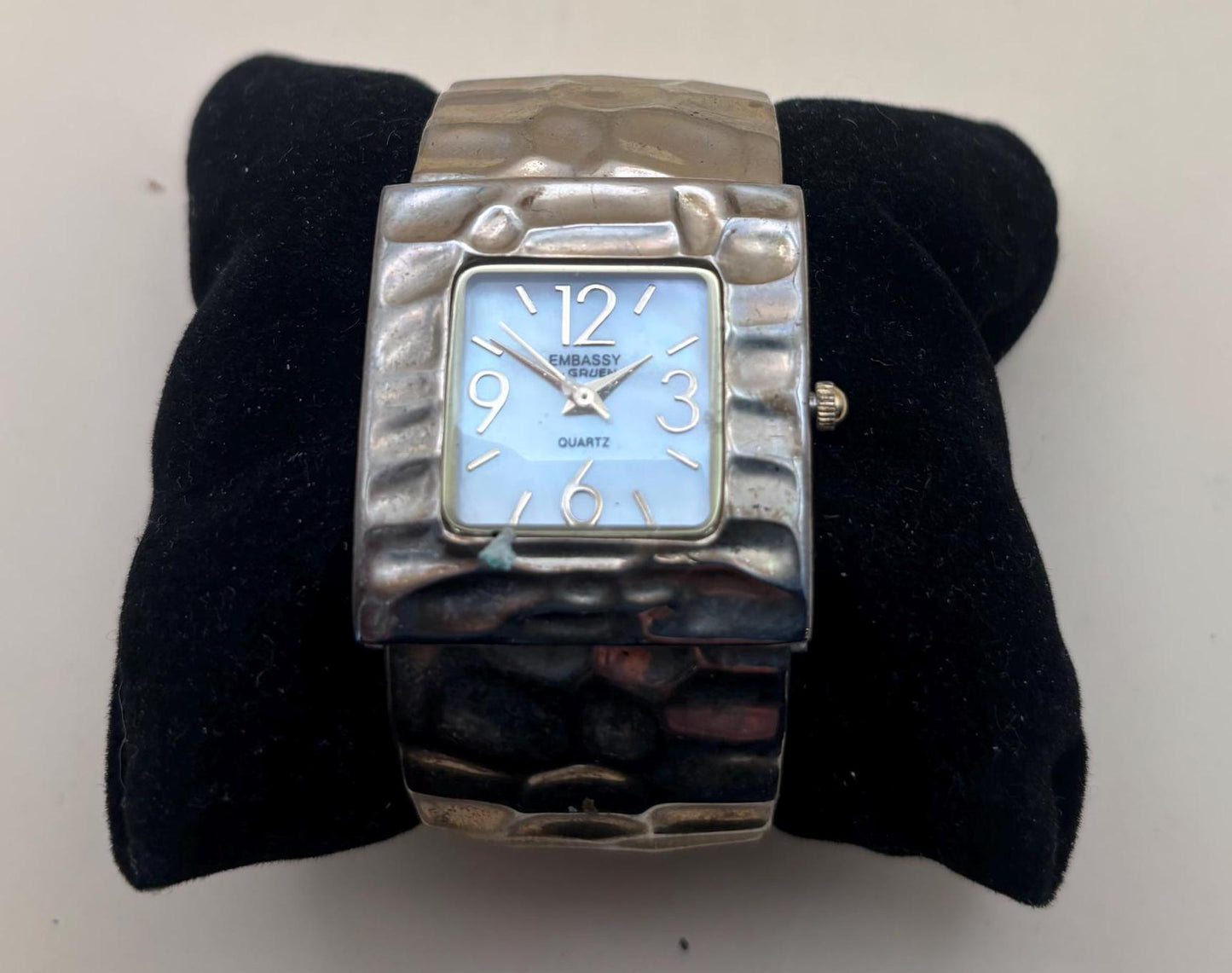 Vintage Embassy by Gruen Quartz Watch Number 231 Cuff Style Hand Hammered Silver Lover Antiques and Vintage
