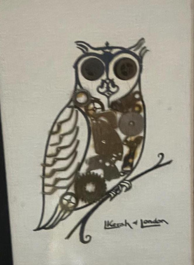 Vintage L Kersh of London Genuine Original Horological Owl Collage Wall Hanging Lover Antiques and Vintage