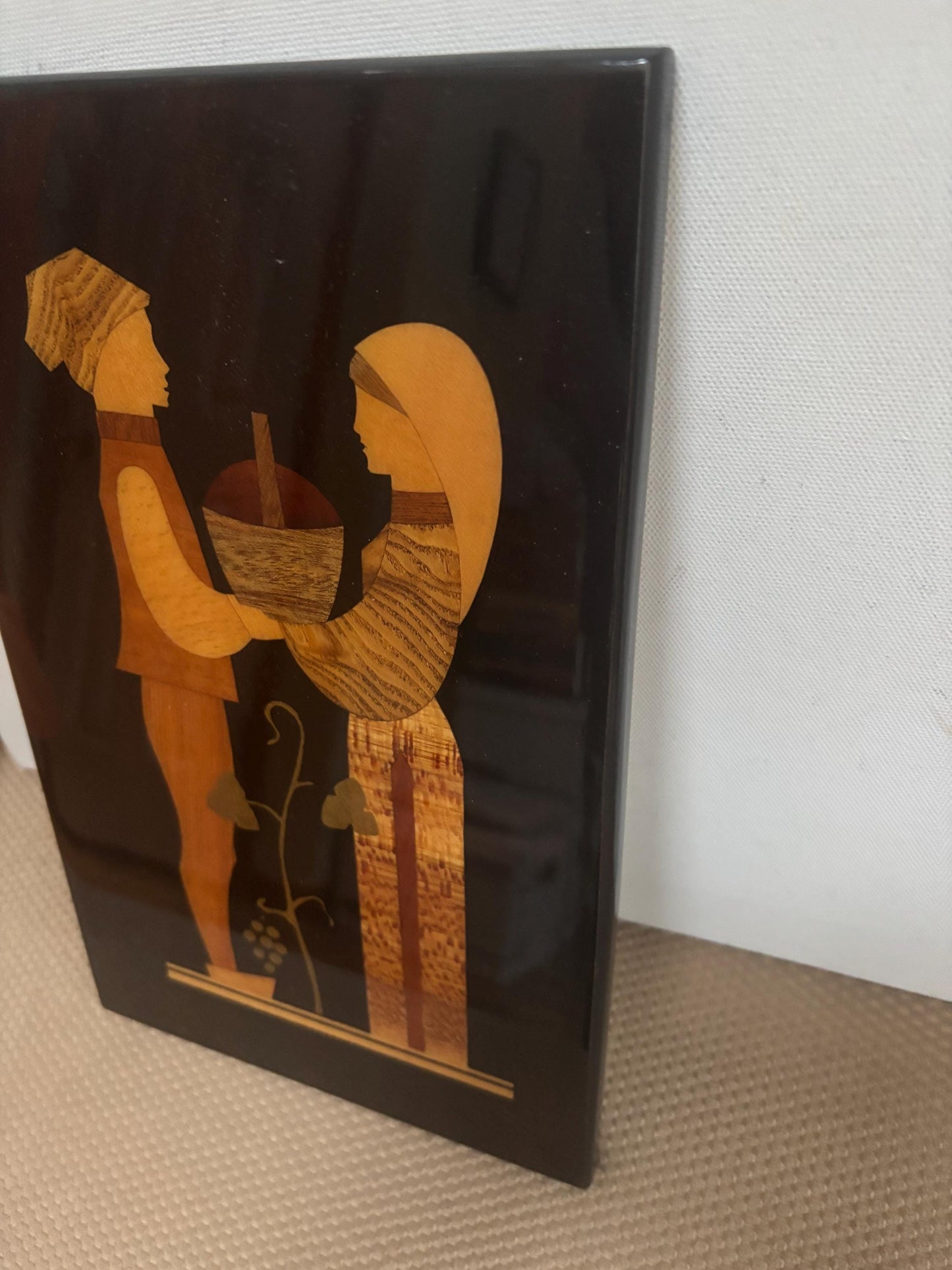 Vintage Marquetry Picture Grape Harvest Artwork Boy and Girl with a Basket Soviet Union Factory No. 2 Artwork Lover Antiques and Vintage