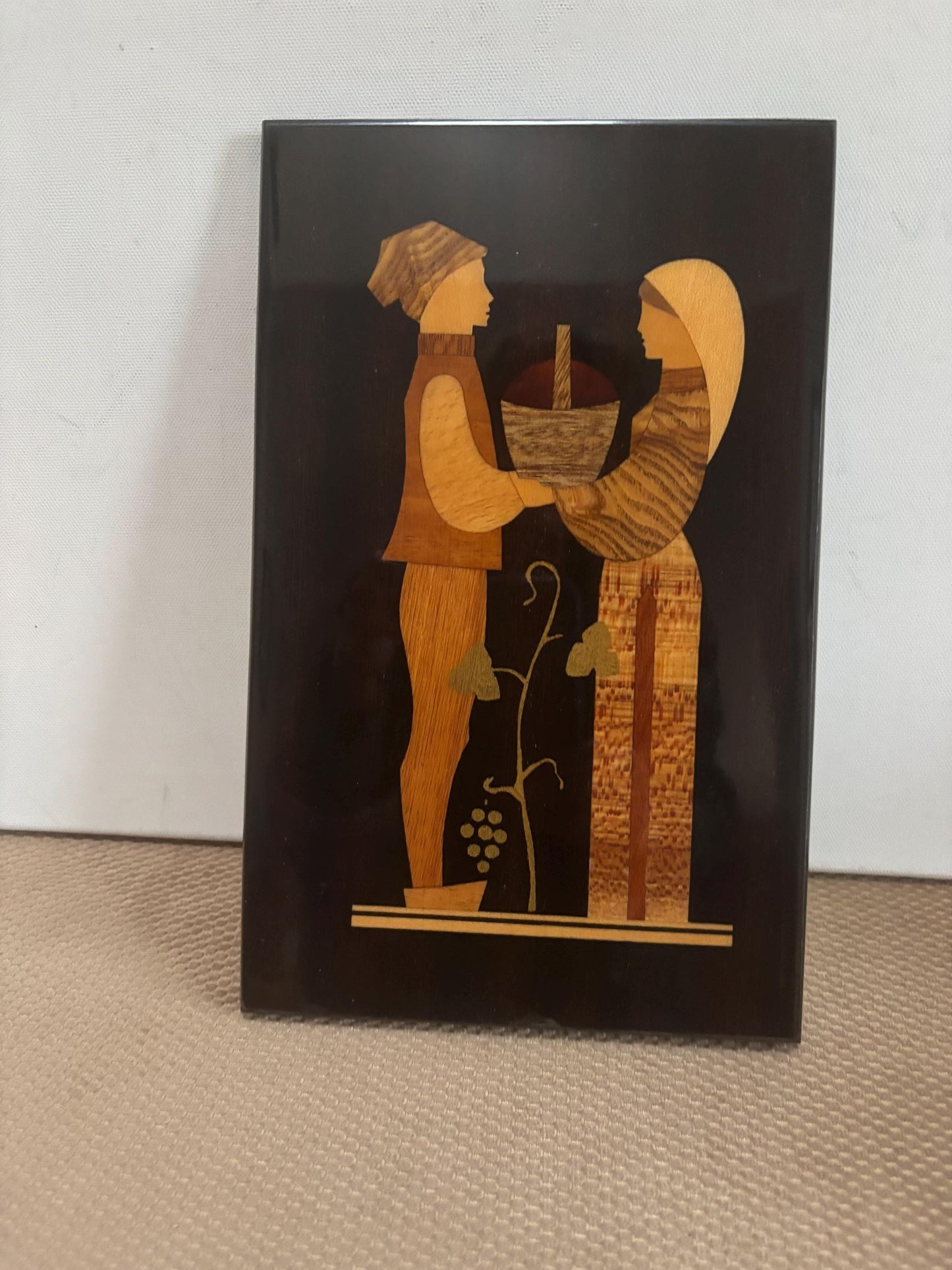 Vintage Marquetry Picture Grape Harvest Artwork Boy and Girl with a Basket Soviet Union Factory No. 2 Artwork Lover Antiques and Vintage