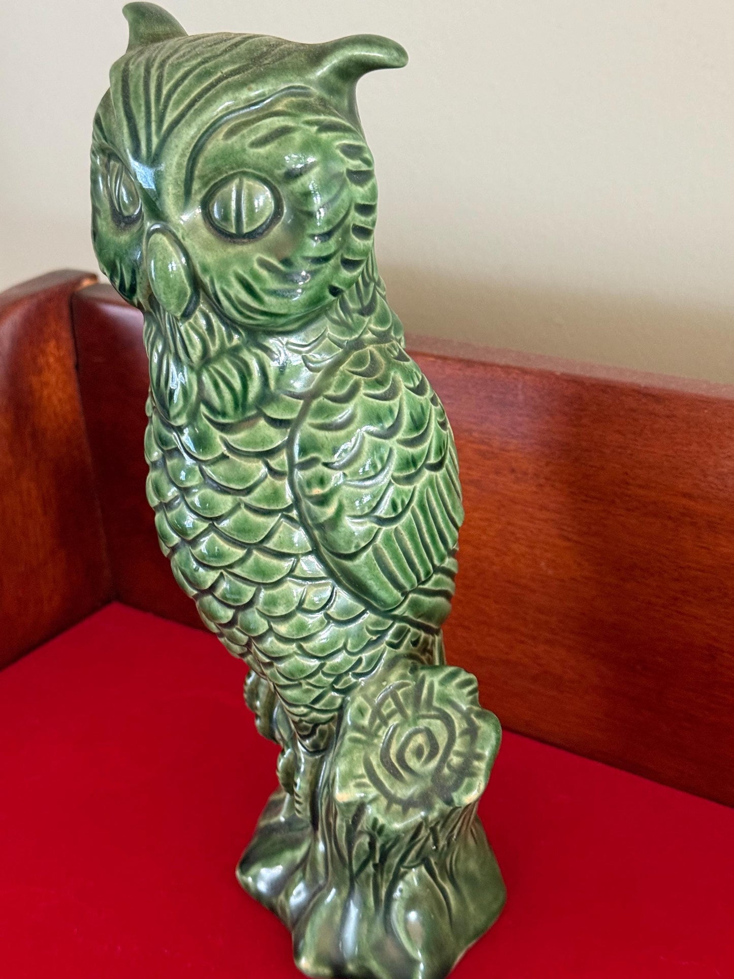 Vintage Owl with Pumpkin Ornament Slavic Poland Hand Blown Green Glass Owl Christmas Holiday Lover Antiques and Vintage