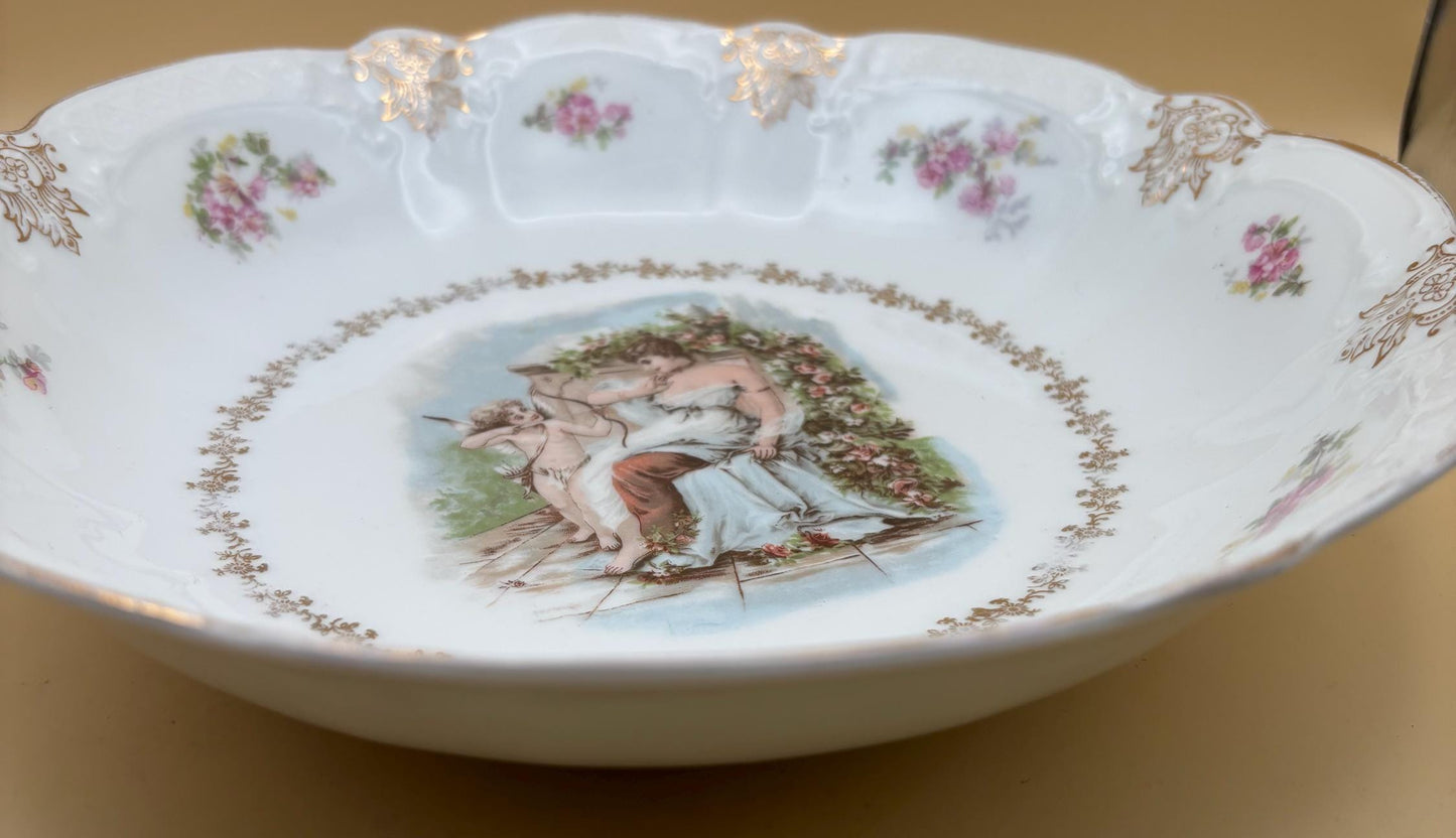 Antique Zeh Scherzer Bavaria Porcelain Bowl Z.S. & Co Plate Cupid and Maiden Surrounding Flowers Design Lover Antiques and Vintage