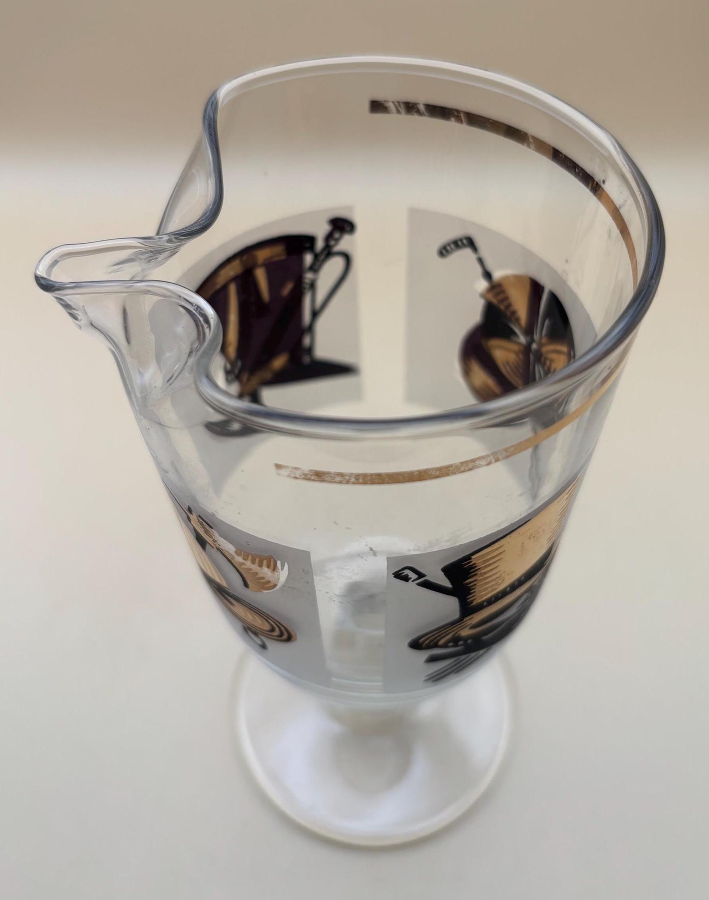 Vintage Libbey Pitcher with Spout Bar Glass with Gold and Black Firefighter Jockey Military Top Hat Design Lover Antiques and Vintage
