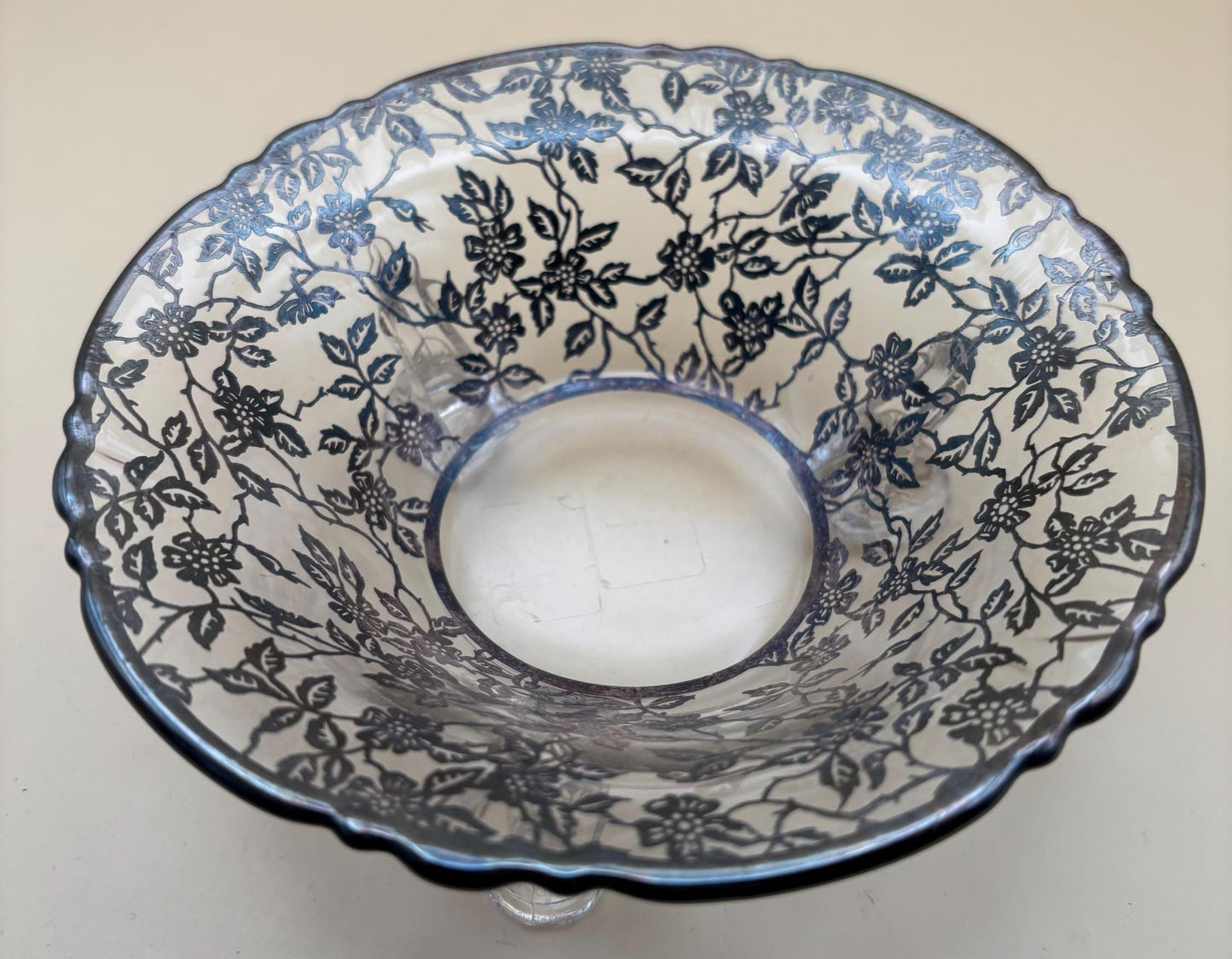 Vintage Silver on Crystal Large Three Footed Glass Bowl By Silver City Lover Antiques and Vintage