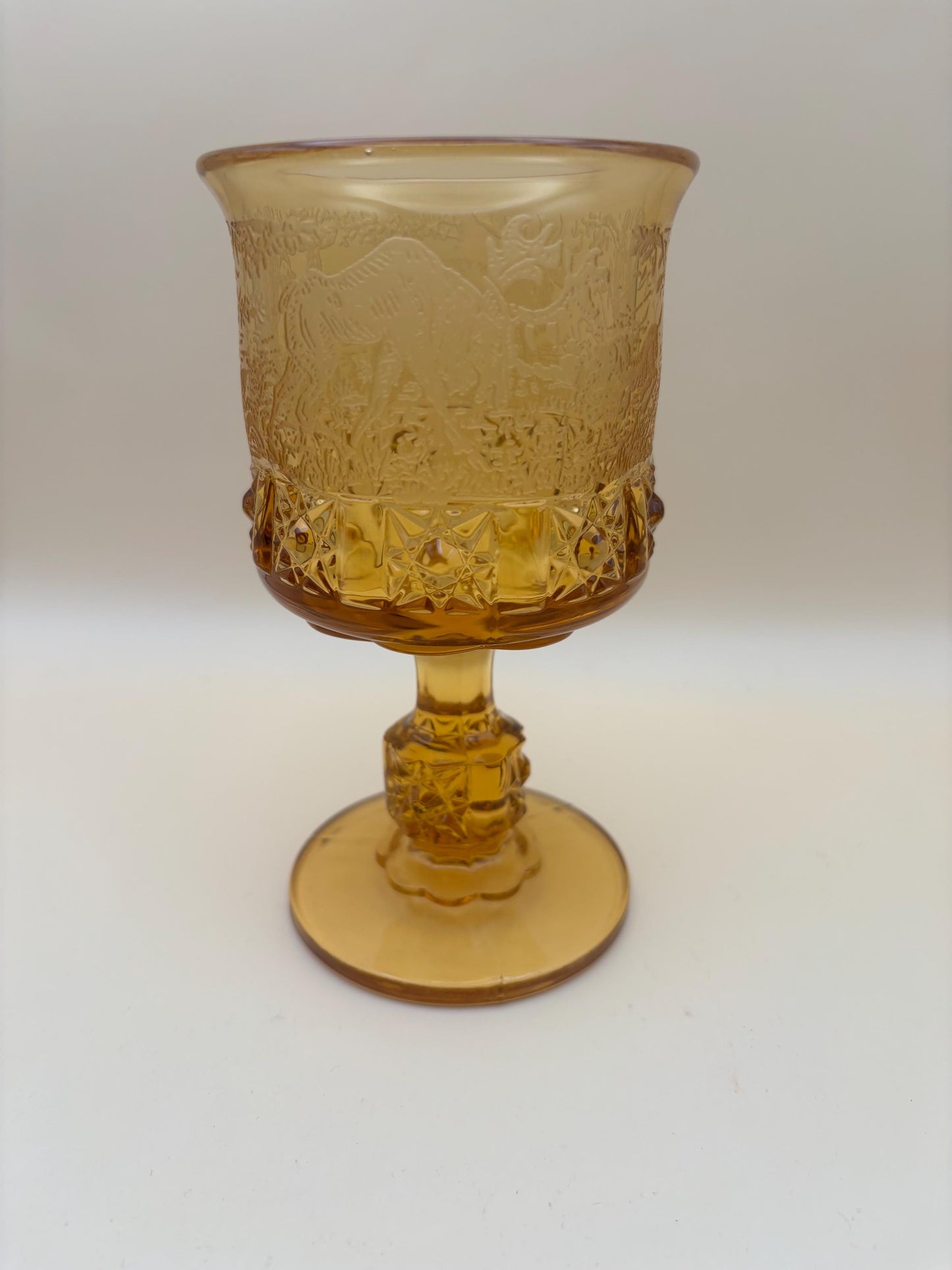 Vintage LG Wright Glass Co Daisy & Cube Amber Goblet Lover Antiques and Vintage