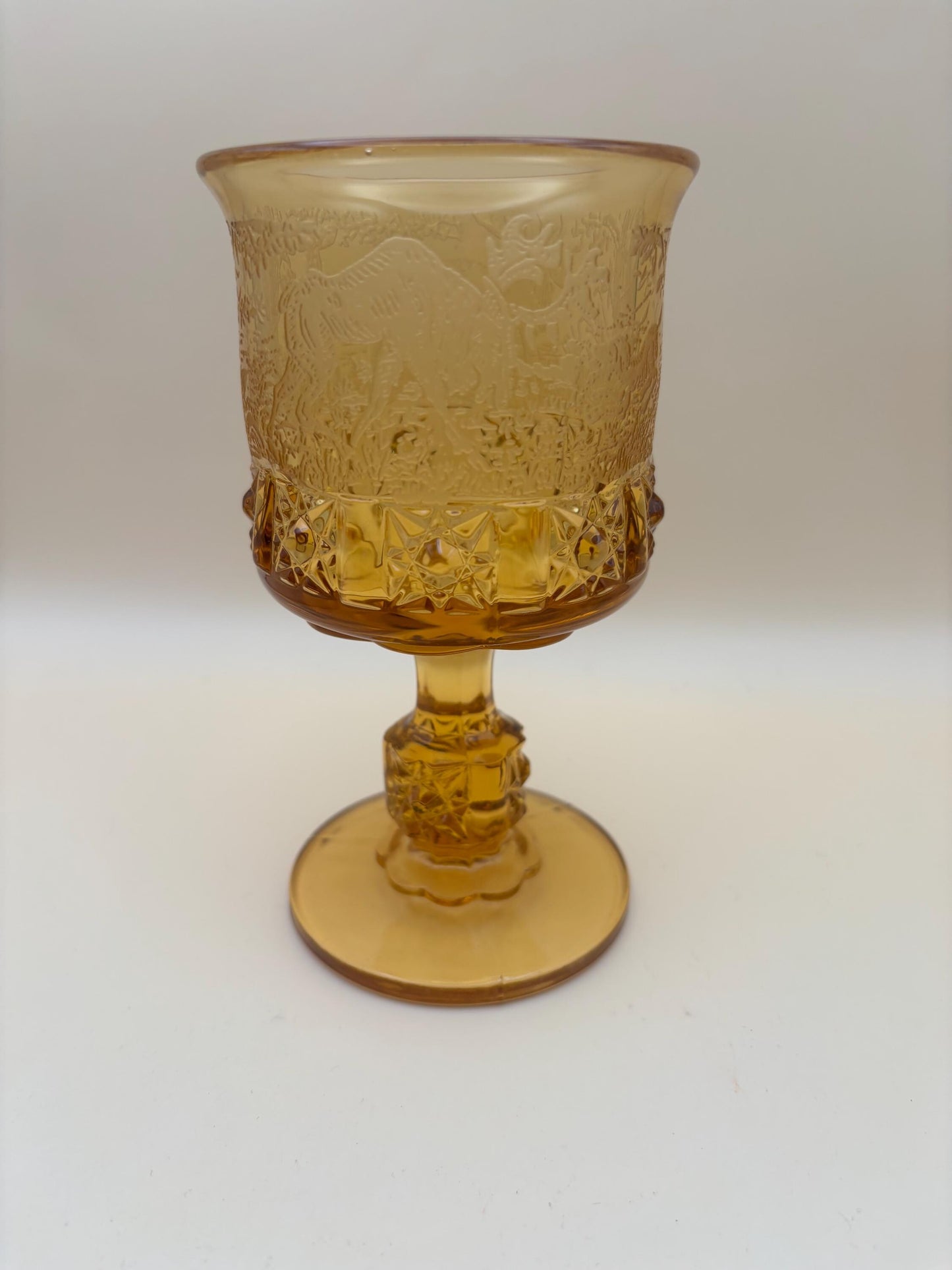 Vintage LG Wright Glass Co Daisy & Cube Amber Goblet Lover Antiques and Vintage