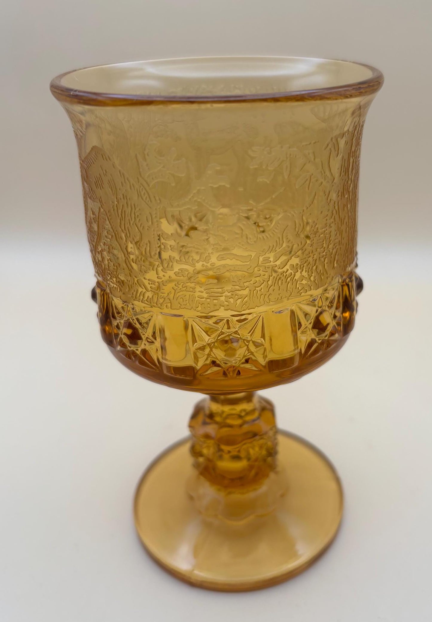 Vintage LG Wright Glass Co Daisy & Cube Amber Goblet Lover Antiques and Vintage