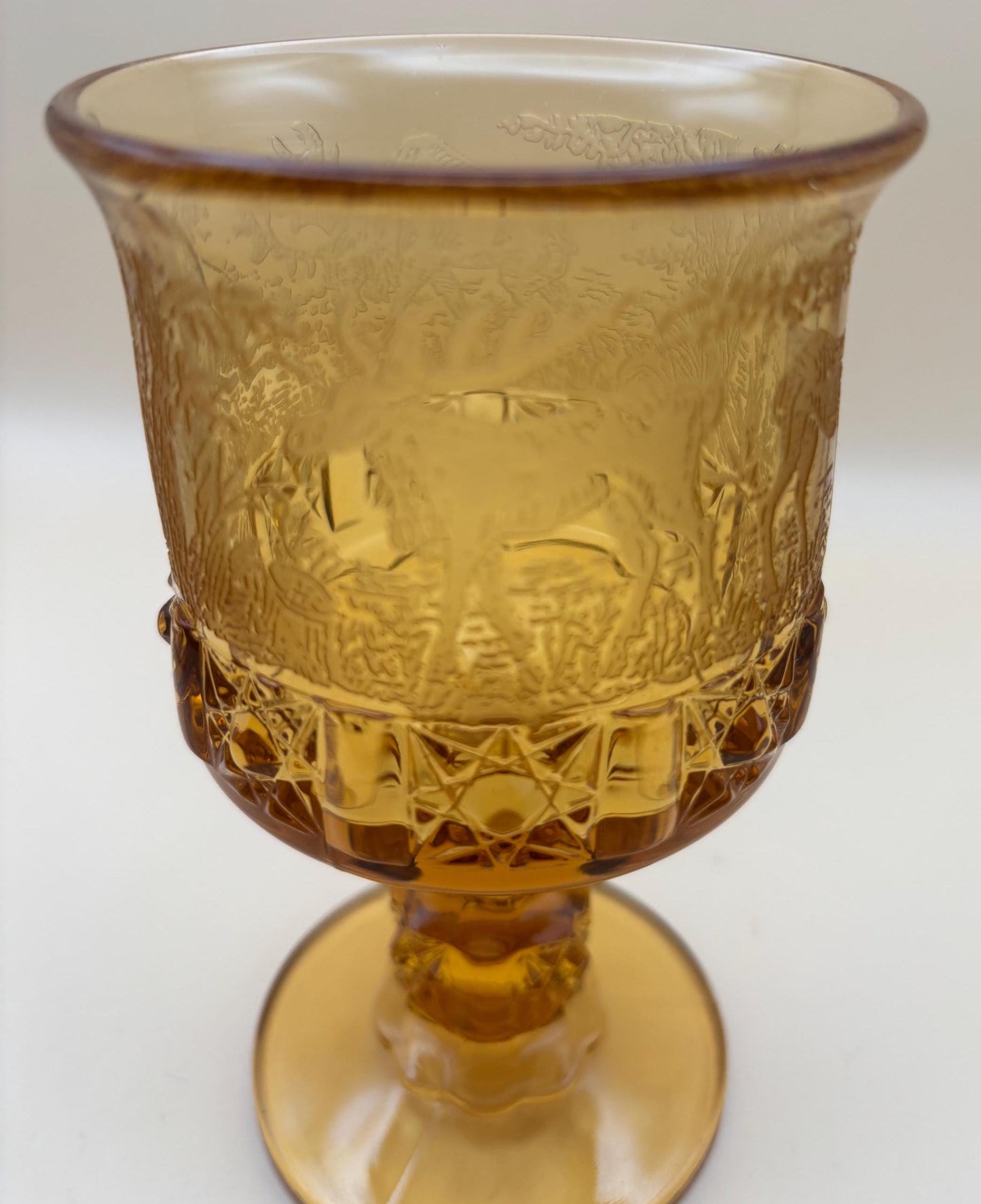 Vintage LG Wright Glass Co Daisy & Cube Amber Goblet Lover Antiques and Vintage