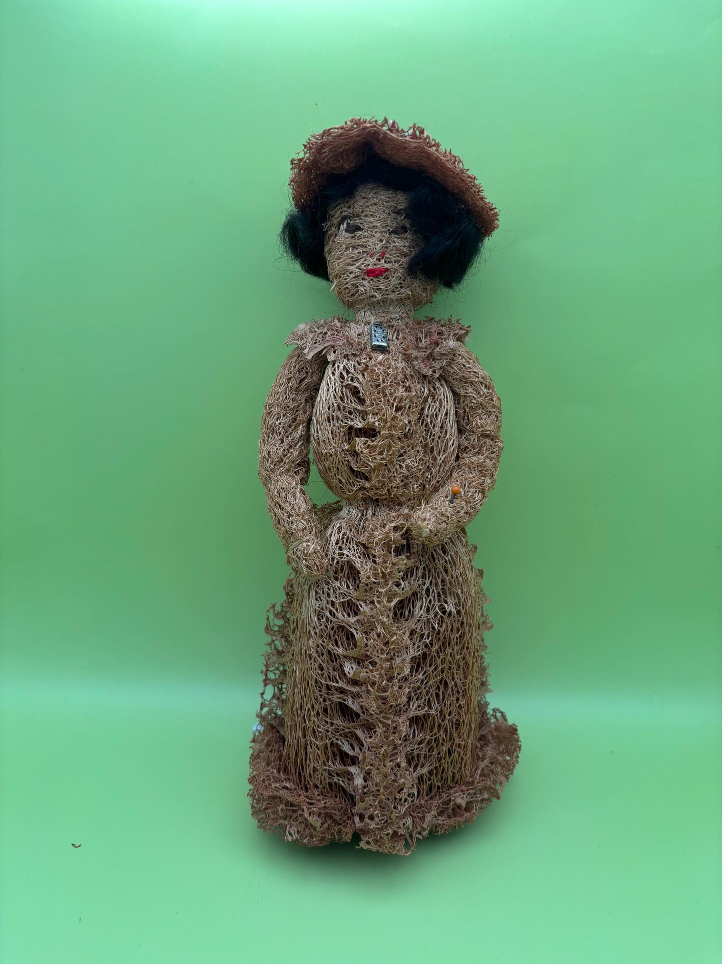 Vintage Folk Art Artist Made Moss Fiber Woman Doll Lover Antiques and Vintage
