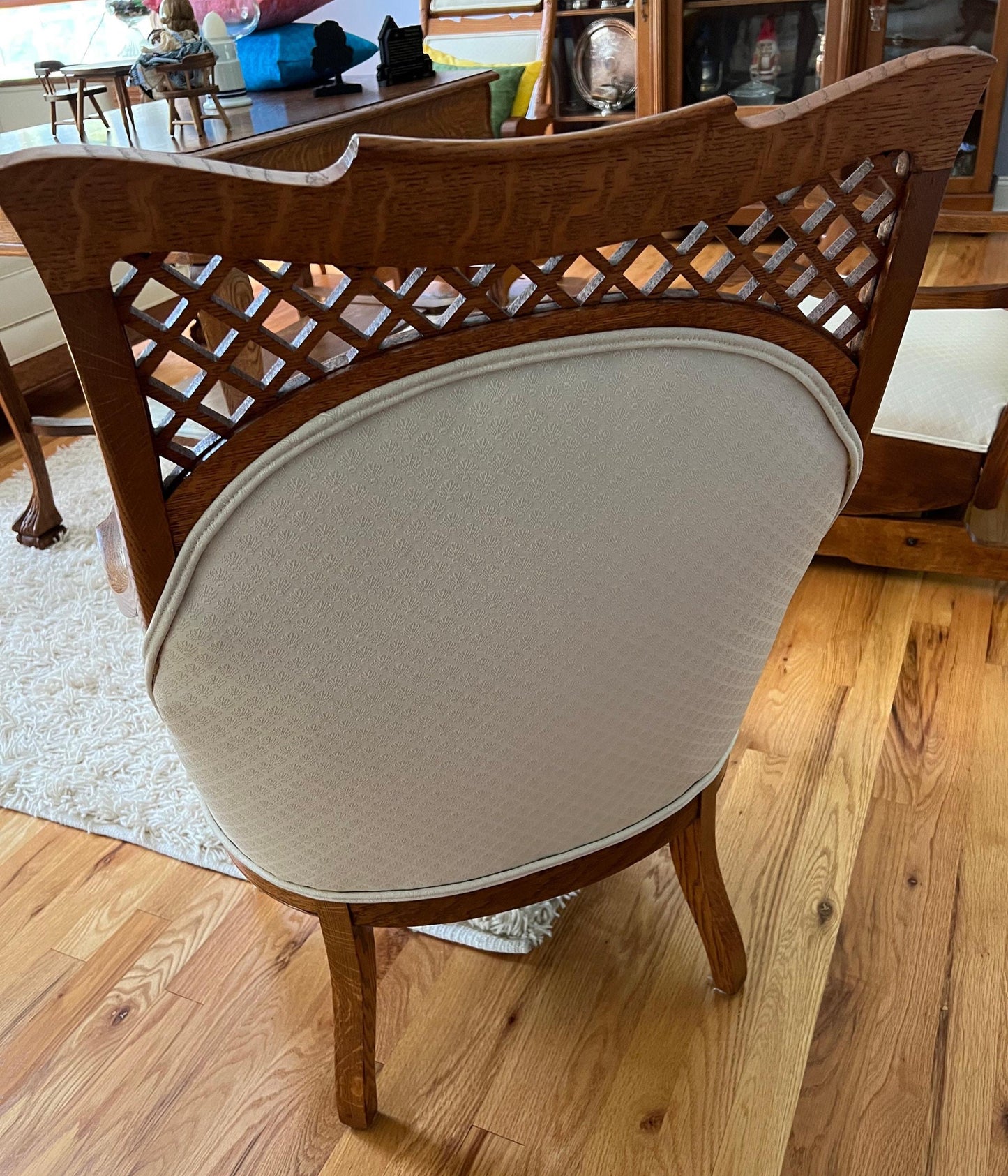 Antique Tiger Oak Cross Pattern Upholstered Accent Chair Lover Antiques and Vintage