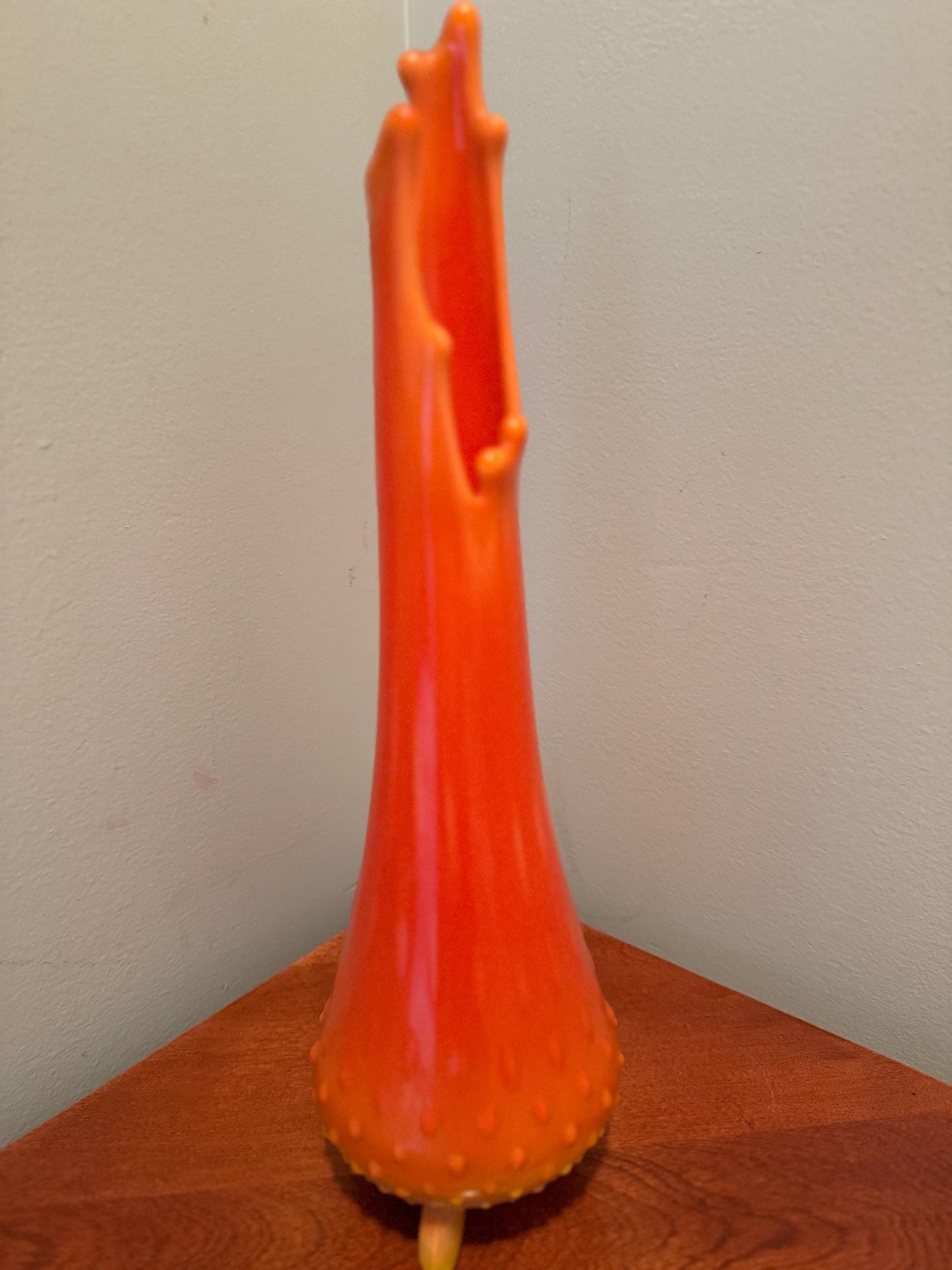 Vintage LE Smith Bittersweet Three Toe Swung Vase Orange Yellow Slag Glass Footed Ruffle Drippy Vase Lover Antiques and Vintage