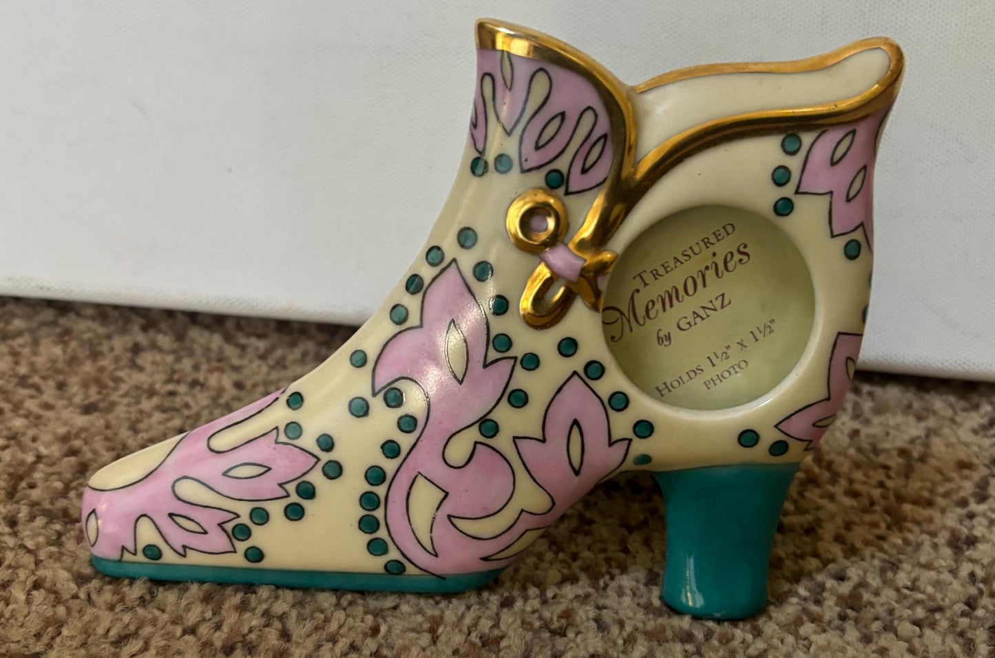 Vintage Ganz Shoe Picture Frame with Pinkk and Green Gold Gilding Lover Antiques and Vintage