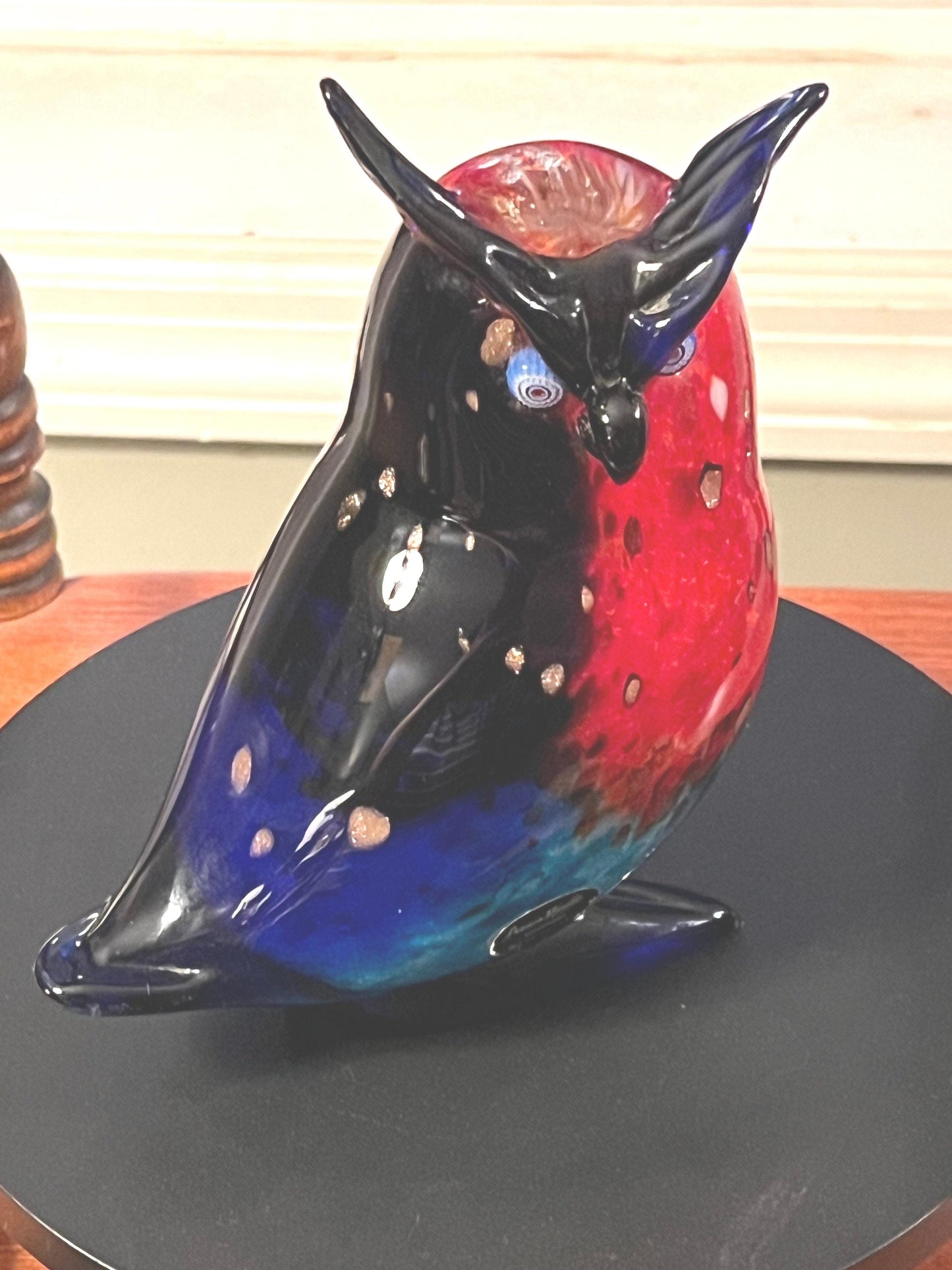 Vintage Murano Owl, signed by Franco Moretti Blue Red and Gold Sculpture, Owl Figurine, Art Glass, Lover Antiques and Vintage